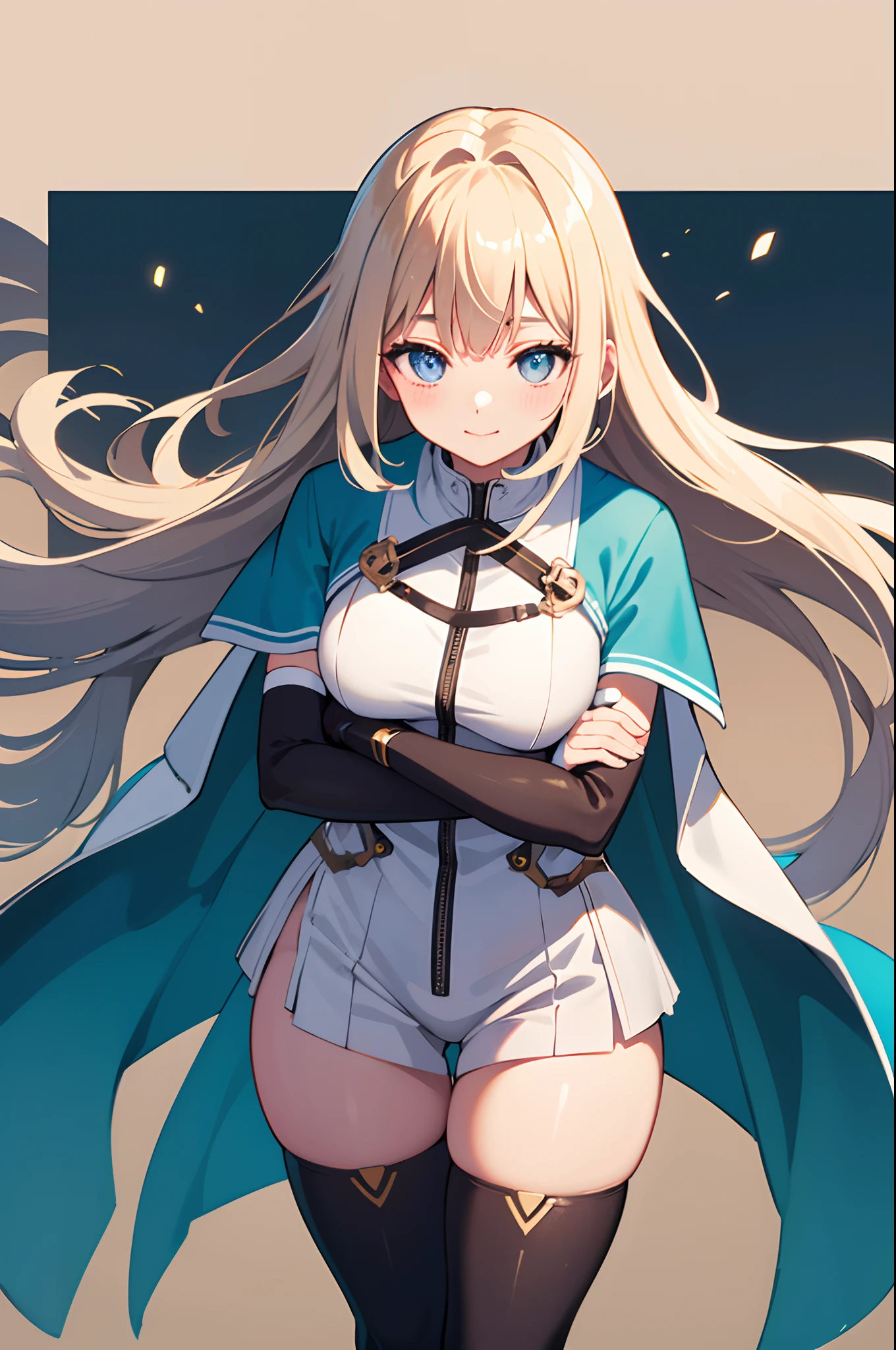 masterpiece、highest quality、High resolution、Very detailed、Thick outline, Girl、mint, blue eyes, Blonde、Straight Long Hair、((Big Breasts))、緑色のbikeスーツ、Rider Suit、Clothes that fit the body、Cleavage、Smiling、One hand behind the head、Standing on street、Angle from below、Watching the audience、blue sky、bike、