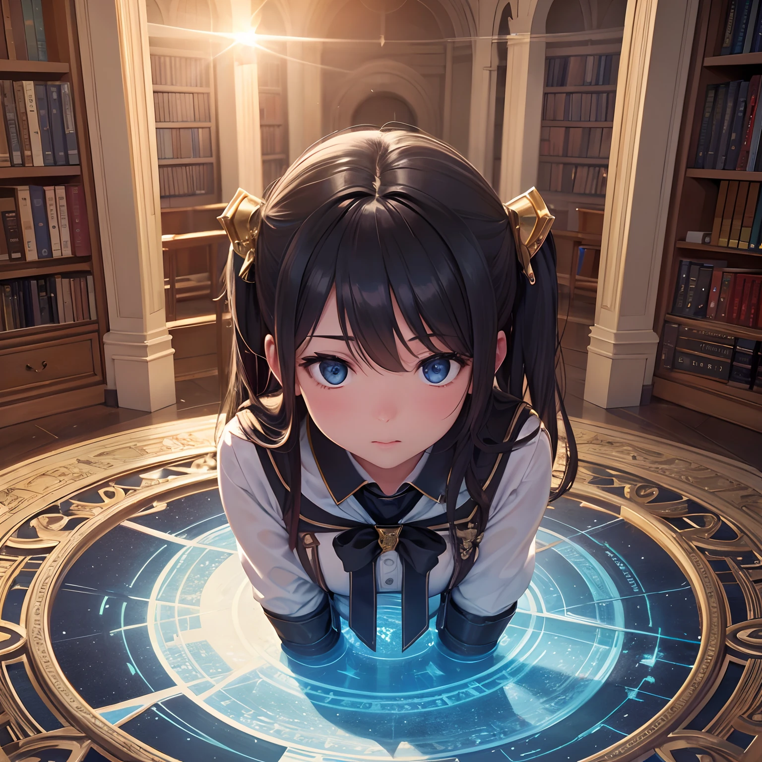 finest image, (8k, RAW photo, realistic), magical academy, students form a circle and study magic, today's challenge is the sun trapped in a world of ice, background magic academy library