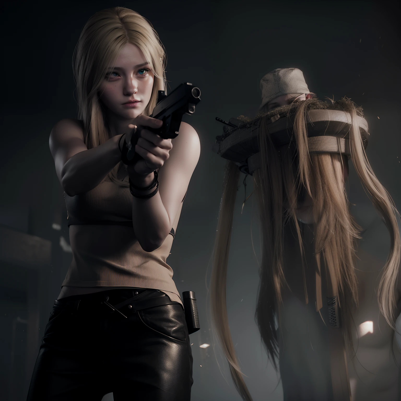 Best quality, photorealistic , long blonde hair, white tanktop, holding a weapon, glare expression, by unreal engine