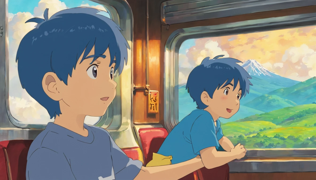 Two little boys,They ride the train together,Laughed happily,Sit on the same side and watch the view,Outside the train window, there are large areas of mountains and fields