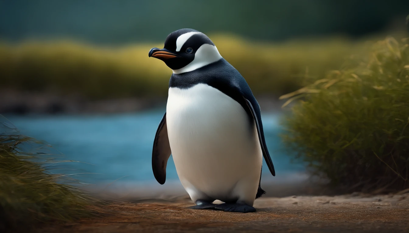 Quiero que me generes una imagen DE pinguino azul MAFIOSO.Trajeado negro, DE 1.80 DE ALTURA. Sentado en una fogata en un bosque, humanoide, olio, arte digital sin fondo. digital painting, 8K Ultra HD, con detalles finos, nitidez alta, creatividad, fantasi, Vermilion, impasto, renacimiento, luminismo. Small head