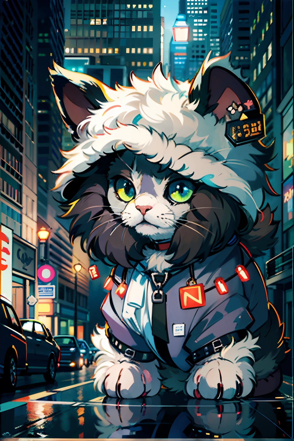 Portrait, cute cat puppy wearing sheep clothes, low light, grumpy, in a city at night neon 8k