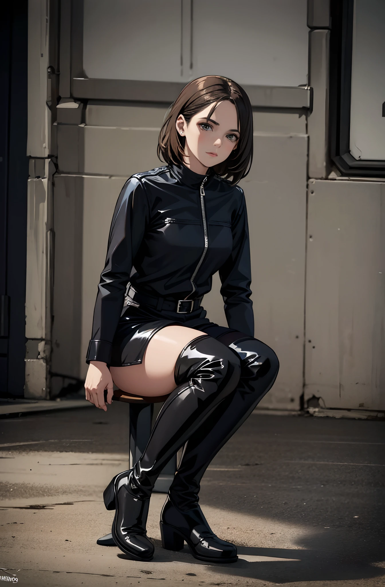 A woman with a growing penis A woman in a school uniform wearing a shiny black high-cut rubber suit