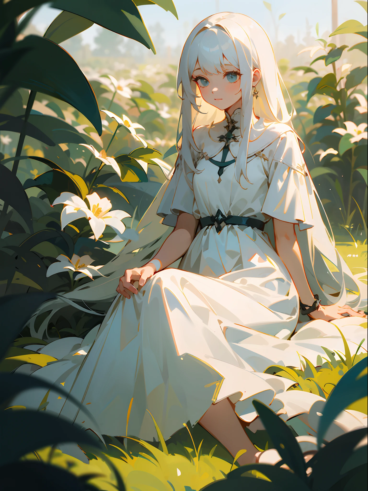 (masterpiece, best quality),1girl with long white hair sitting in a field of green plants and flowers, warm lighting, white dress, blurry foreground