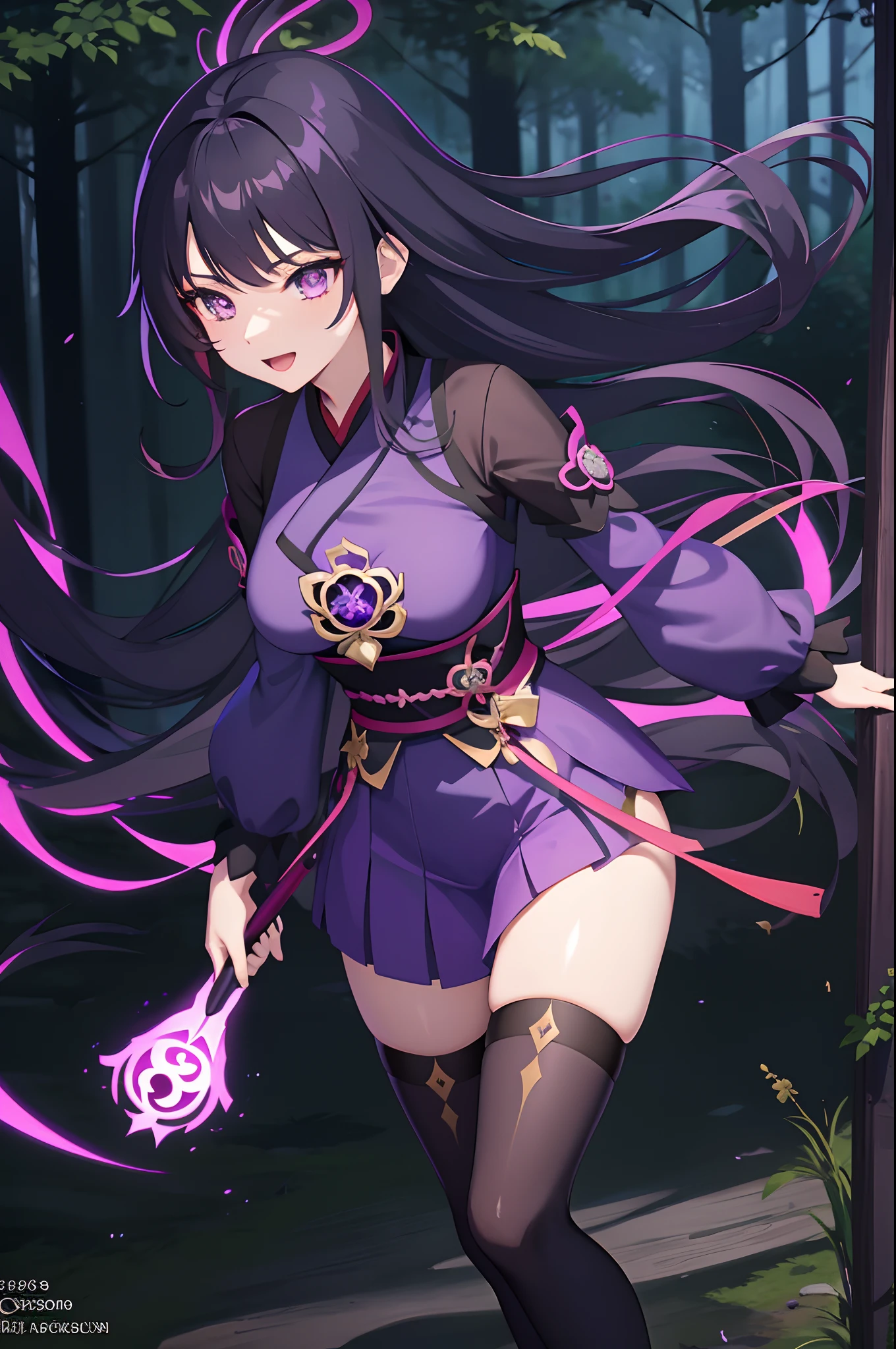 anime girl in a purple and black outfit standing in front of a forest, keqing from genshin impact, zhongli from genshin impact, heise jinyao, ayaka genshin impact, anime moe artstyle, black - haired mage, demon slayer rui fanart, ayaka game genshin impact, yun ling, inspired by Song Maojin