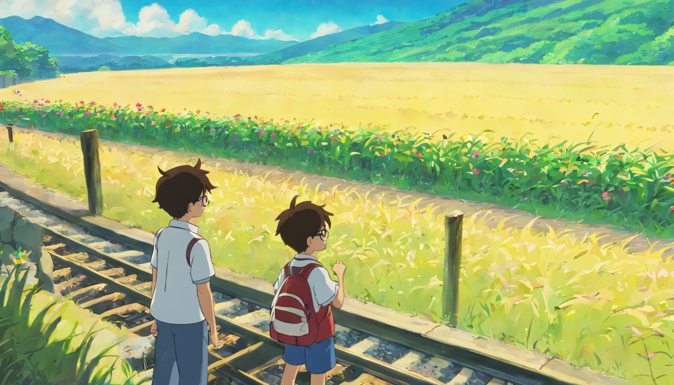 Two little boys,One wears glasses,Skinny and tall,They ride the train together,Laughed happily,Sit on the same side and watch the view,Outside the train window, there are large areas of mountains and fields