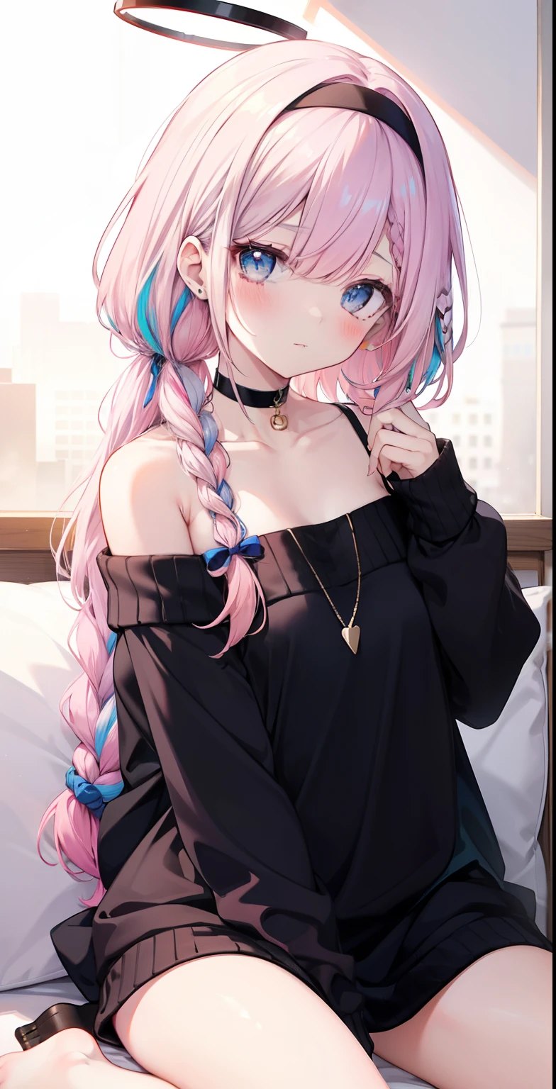 1girl, alternate costume, arona \(blue archive\), bangs, bare legs, bare shoulders, black choker, black hairband, black sweater, blue eyes, blush, braid, choker, collarbone, colored inner hair, hair over one eye, hair ribbon, hairband, halo, long hair, long sleeves, looking at viewer, multicolored hair, off-shoulder sweater, off shoulder, pink hair, single braid, sitting, solo, sweater, wariza, white background, white hair