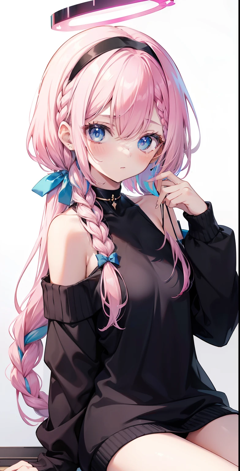 1girl, alternate costume, arona \(blue archive\), bangs, bare legs, bare shoulders, black choker, black hairband, black sweater, blue eyes, blush, braid, choker, collarbone, colored inner hair, hair over one eye, hair ribbon, hairband, halo, long hair, long sleeves, looking at viewer, multicolored hair, off-shoulder sweater, off shoulder, pink hair, single braid, sitting, solo, sweater, wariza, white background, white hair