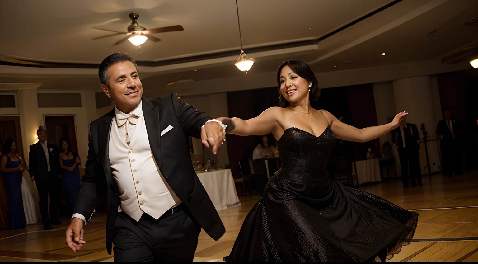 50-year-old Chilean latino man dancing a waltz with his wife a 50-year-old light-skinned, black-haired Chilean Latina lady ... vestidos de gala