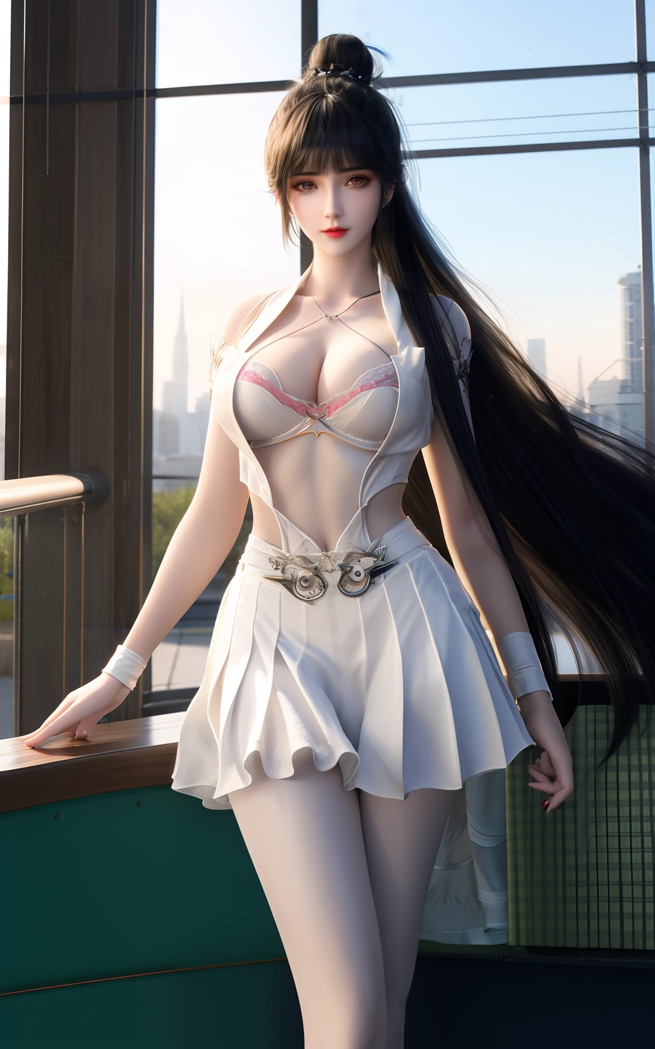 Best quality,tmasterpiece,A high resolution,CG,
1girll,Thin structure,Bigchest,cleavage,long whitr hair,White shirt,Short skirt that wraps around the hips,blackstockings,straight thighs,Slender calves,耳Nipple Ring,hair adornments,spatter,hair-bun,brunette color hair,
illuminating,Frankness,photore,A high resolution,4K,8K,Bokeh,