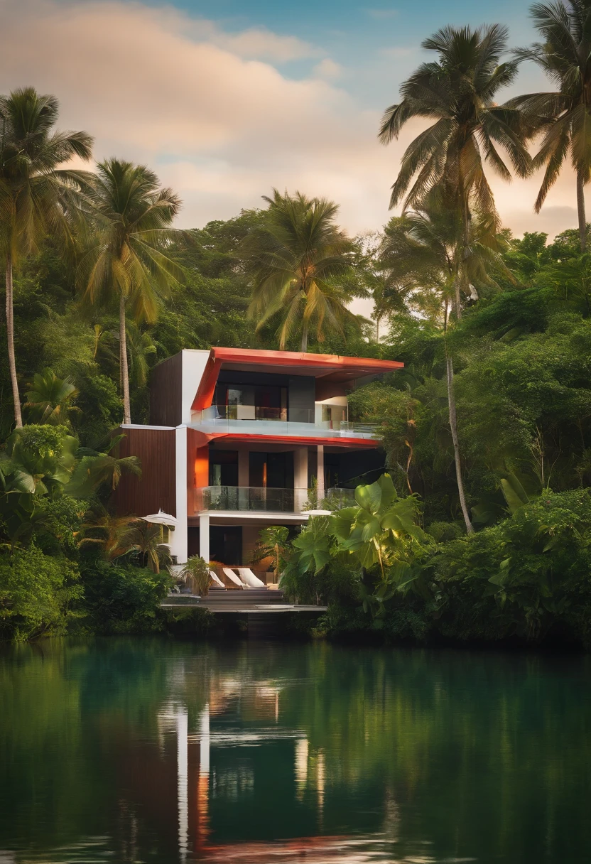 Single-family duplex house next to water bodies and forests in tropical climates