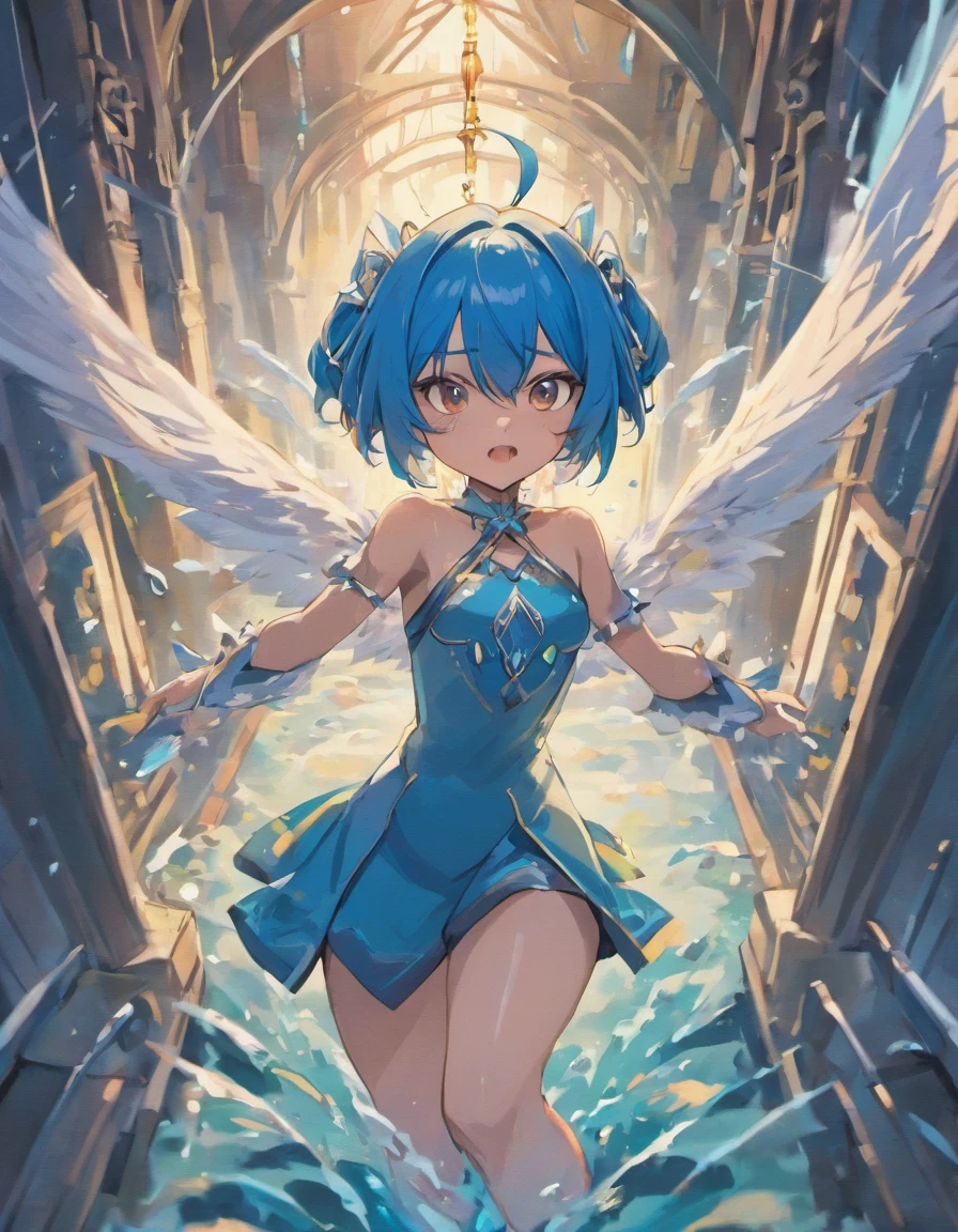 Garota loba,short pointy blue hair appearance, seios grandes e cintura finas coxas grandes e gordinhas, olhos azuis,bunda enorme, I have blue wolf ears on my head and a blue tail with a white tip, tenho 1.80 de altura ,estou usando uma armadura celestial reveladora decotada,hands on her waist,olhando pro expectador,arrogant expression,Scenery: bridge and crystal clear waterfall
