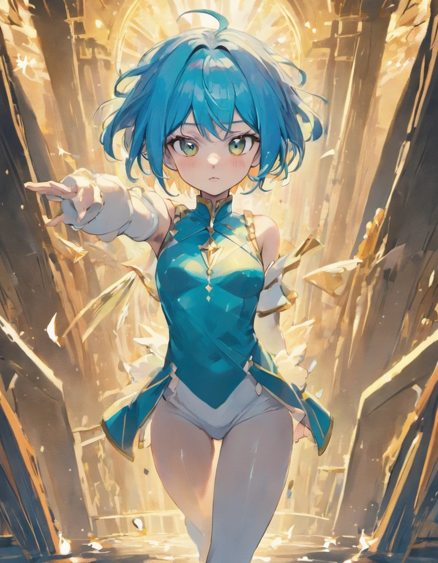 Garota loba,short pointy blue hair appearance, seios grandes e cintura finas coxas grandes e gordinhas, olhos azuis,bunda enorme, I have blue wolf ears on my head and a blue tail with a white tip, tenho 1.80 de altura ,estou usando uma armadura celestial reveladora decotada,hands on her waist,olhando pro expectador,arrogant expression,Scenery: bridge and crystal clear waterfall