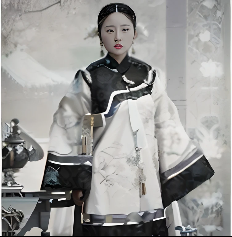 Black and white photograph of a woman in a traditional costume, chinese empress, Chinese woman, Dressed gorgeously（Silk clothes）, Qing dynasty, Yun Ling, queen of the sea mu yanling, in style of pan ren wei, inspired by Min Zhen, song nan li, Chinese costume, in style of ruan jia, China Princess, year 1 9 0 0, Asian woman