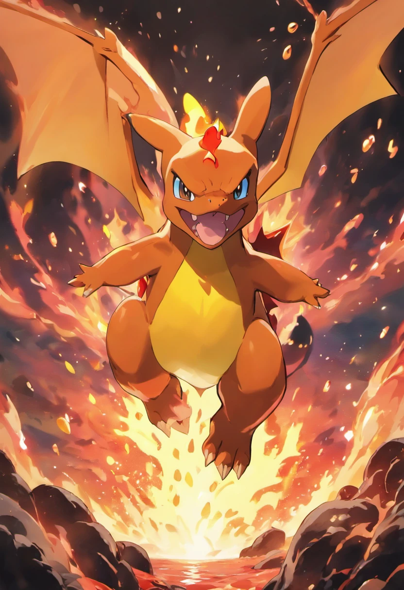 Rendered in 3d ultra hd, Charizard is flying above molten bubbling lava. The scene is to feel hot and in awe of how powerful Charizard is.