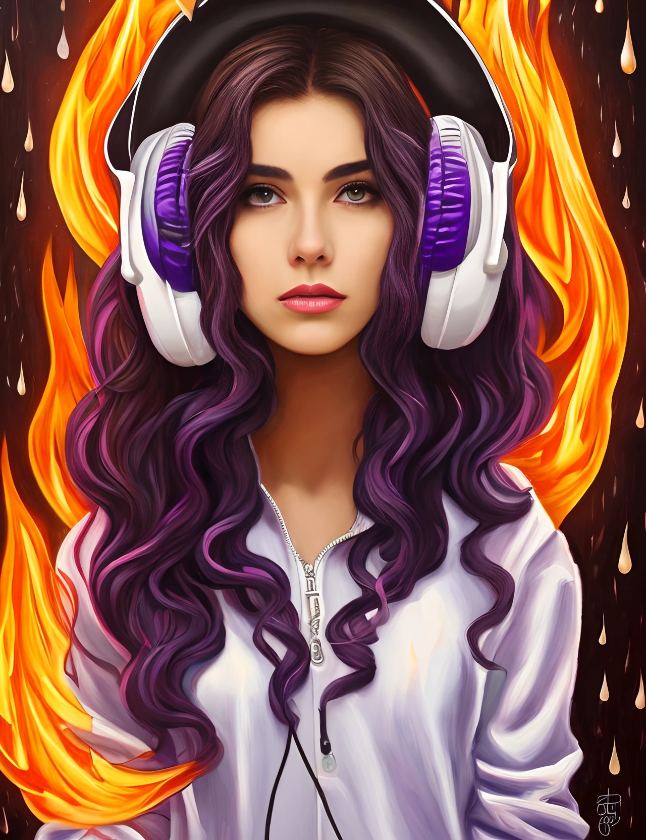 characters, a women with dark brown hair with purple tips, long curly hair, brown eyes, beauty night slightly rainy, dark skin, wearing headphones, listening to music, crying, while looking at a painting of a person, fire surrounding them, comic