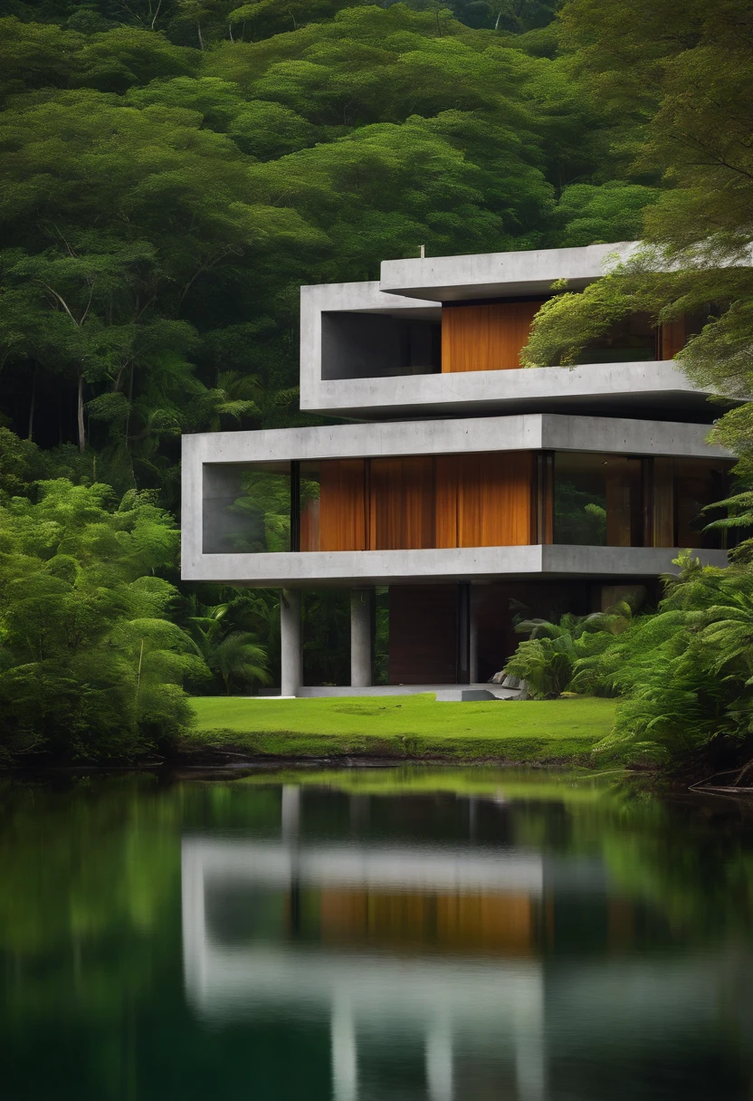 Modern Concrete House Next to Water Bodies and Forests in Tropical Climates
