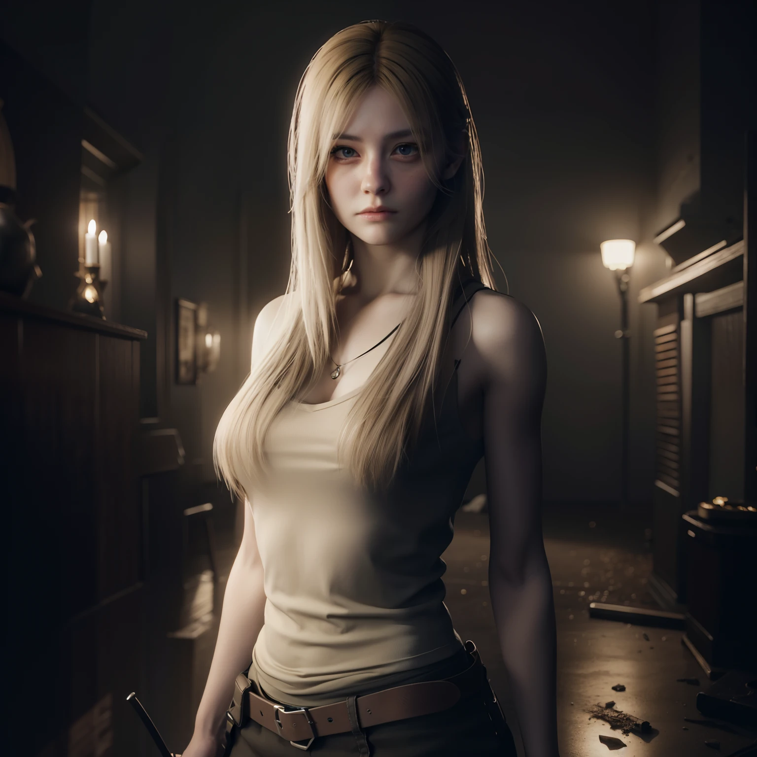 Best quality, photorealistic , long blonde hair, white tanktop, holding a weapon, glare expression, by unreal engine