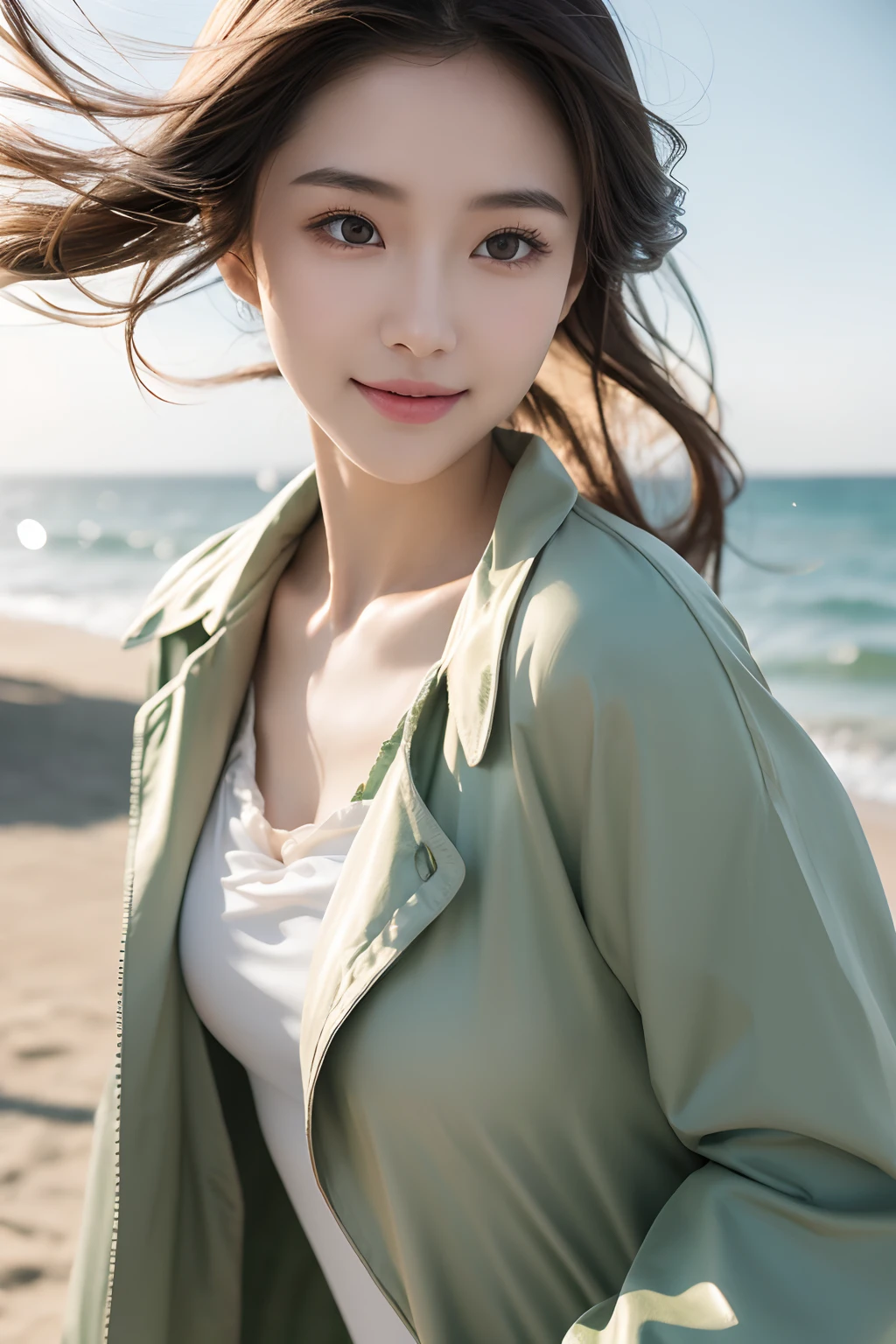 Smiling, (Best quality details:1.2),8K high definition,Ultra detailed,High quality texture,Intricate details,Detailed texture,finely detailed,High detail,Extremely detailed CG,Highqualityshadow,Detailed beautiful delicate face,(Detailed beautiful delicate eyes:1.32),Depth of field,Ray tracing,(A beautiful 25 year old lovely classical Chinese lady:1),Glow eyes,Blush, Perfect petite body,Dance,Free dance,spin dance,Green trench coat set,Tasteful shirts,Sunlight,Sea sky background,The sea breeze blows,The world is vast