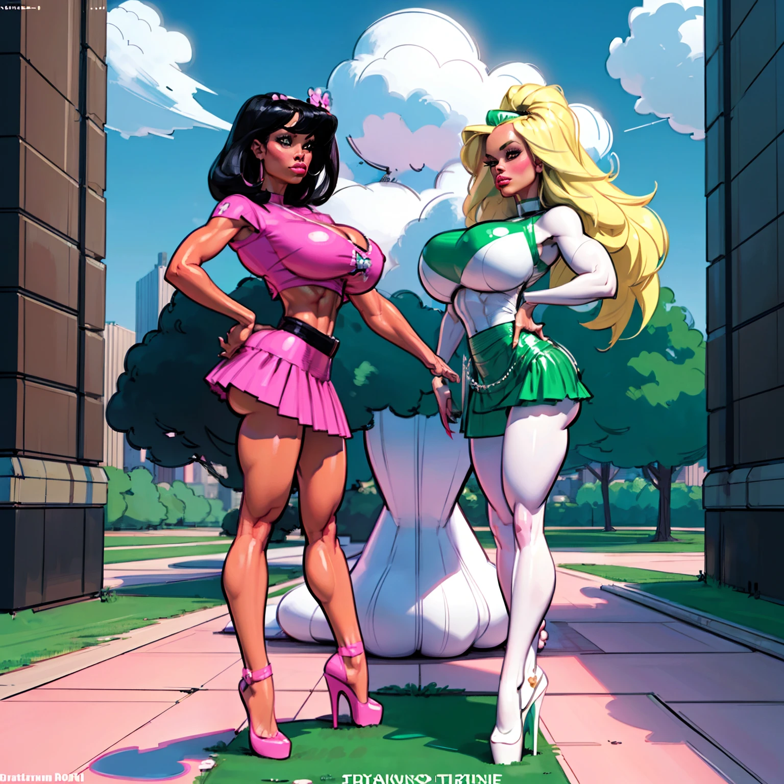 Create a detailed 4K scene of The Powerpuff Girls, ((Blossom, redhead, pink skirt)), ((Bubbles, blonde hair, blue skirt)) and ((Buttercup, black hair, green skirt)), in their classic formation. They are standing in an urban environment in the heart of Townsville, surrounded by colorful skyscrapers and a radiant blue sky. The Powerpuff Girls should be in confident and determined poses, highlighting their individual personalities. Blossom, the leader of the group, should be in the front, hands on her hips, with a serious expression and her eyes shining with intelligence. Bubbles, next to Blossom, should have a sweet smile and an optimistic posture, The backdrop around them should be bustling with life, with Townsville citizens looking on in admiration, and elements such as trees swaying in the wind and scattered clouds in the sky.  (pale skin:1.2), (white skin:1.5), ((front view:1.3)), pale face, (puffy lips:1.4), (gigantic breasts:1.4), ((gigantic breasts:1.3)), design sheet, masterpiece, (slendered abs:1.2) ,detailed , shiny skin, beautiful lighting from the side, harsh light,epic pose, dynamic movie poster, masterpiece, high definition, Extreme Detailed Portrait With Bokeh Effect , Realistic Lighting The scene should radiate the sense of courage and heroism that The Powerpuff Girls embody, with vibrant colors and stunning sharpness in every detail.