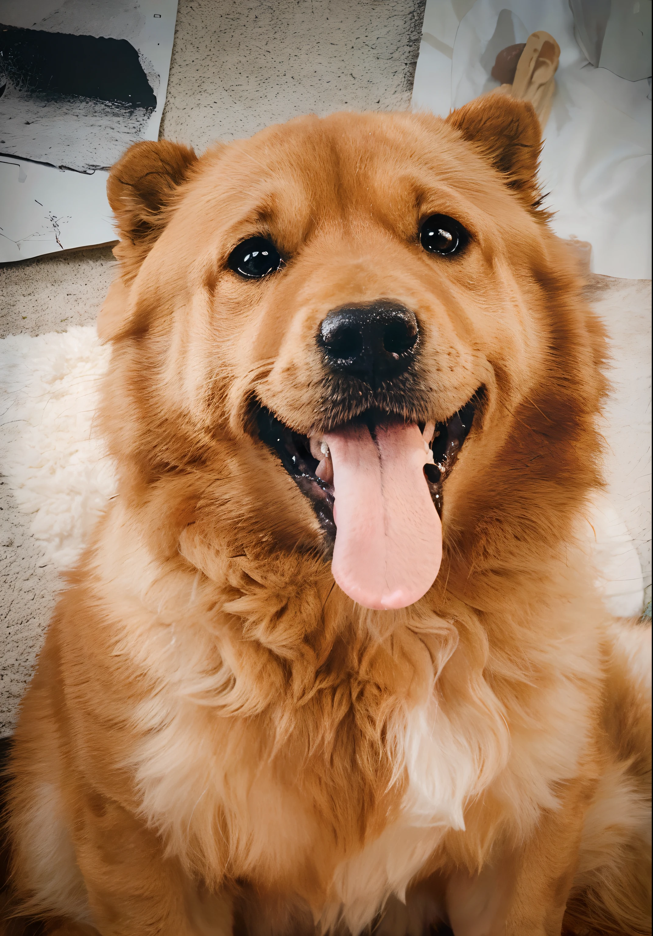 Create a close-up poster of the dog's face and part of the dog's chest in the style of Disney Pixar 3D, with the title "(Bolinha)", ("Female Chow Chow in caramel color"). Use como base de imagem os desenhos animados de ratatoulle
