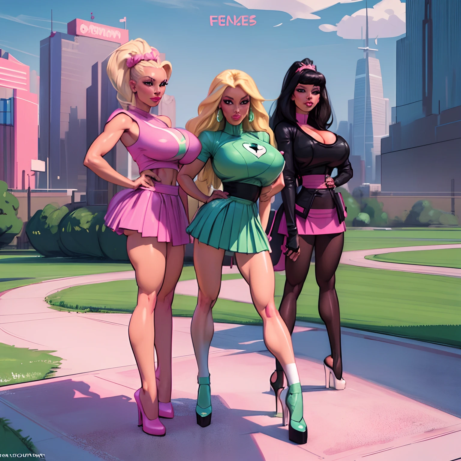 Create a detailed 4K scene of The Powerpuff Girls, ((Blossom, redhead, pink skirt)), ((Bubbles, blonde hair, blue skirt)) and ((Buttercup, black hair, green skirt)), in their classic formation. They are standing in an urban environment in the heart of Townsville, surrounded by colorful skyscrapers and a radiant blue sky. The Powerpuff Girls should be in confident and determined poses, highlighting their individual personalities. Blossom, the leader of the group, should be in the front, hands on her hips, with a serious expression and her eyes shining with intelligence. Bubbles, next to Blossom, should have a sweet smile and an optimistic posture, The backdrop around them should be bustling with life, with Townsville citizens looking on in admiration, and elements such as trees swaying in the wind and scattered clouds in the sky.  (pale skin:1.2), (white skin:1.5), ((front view:1.3)), pale face, (puffy lips:1.4), (gigantic breasts:1.4), ((gigantic breasts:1.3)), design sheet, masterpiece, (slendered abs:1.2) ,detailed , shiny skin, beautiful lighting from the side, harsh light,epic pose, dynamic movie poster, masterpiece, high definition, Extreme Detailed Portrait With Bokeh Effect , Realistic Lighting The scene should radiate the sense of courage and heroism that The Powerpuff Girls embody, with vibrant colors and stunning sharpness in every detail.