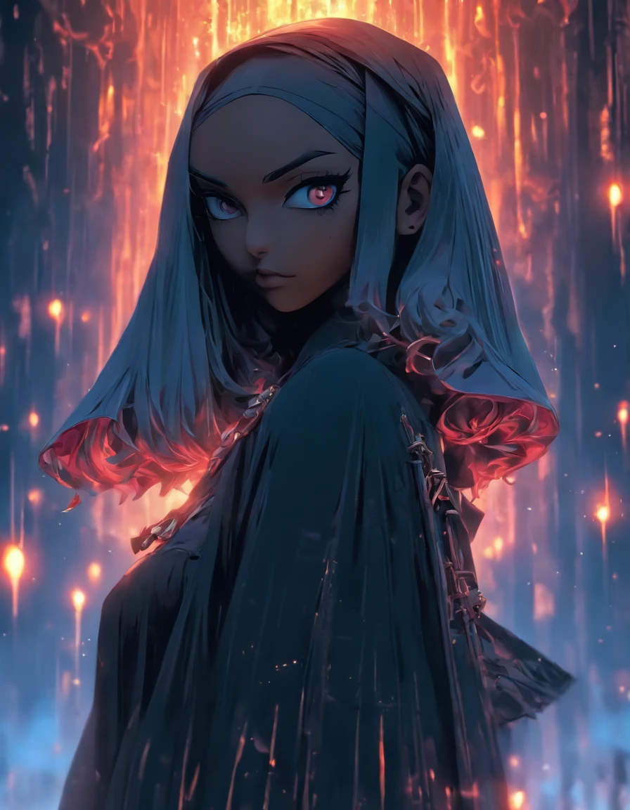 gothic fantasy, 3d rendering, high detail, masterpiece, ((full body view)), an image of a stunningly beautiful female 20 year old nun, long legs, hot and toned body, perfect face, perfect eyes, asian features, holding an assault rifle --niji 5 --style expressive