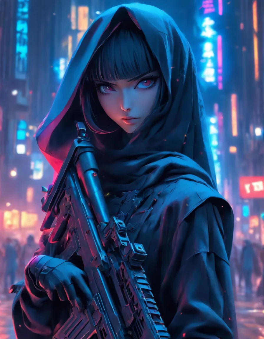 gothic fantasy, 3d rendering, high detail, masterpiece, ((full body view)), an image of a stunningly beautiful female 20 year old nun, long legs, hot and toned body, perfect face, perfect eyes, asian features, holding an assault rifle --niji 5 --style expressive