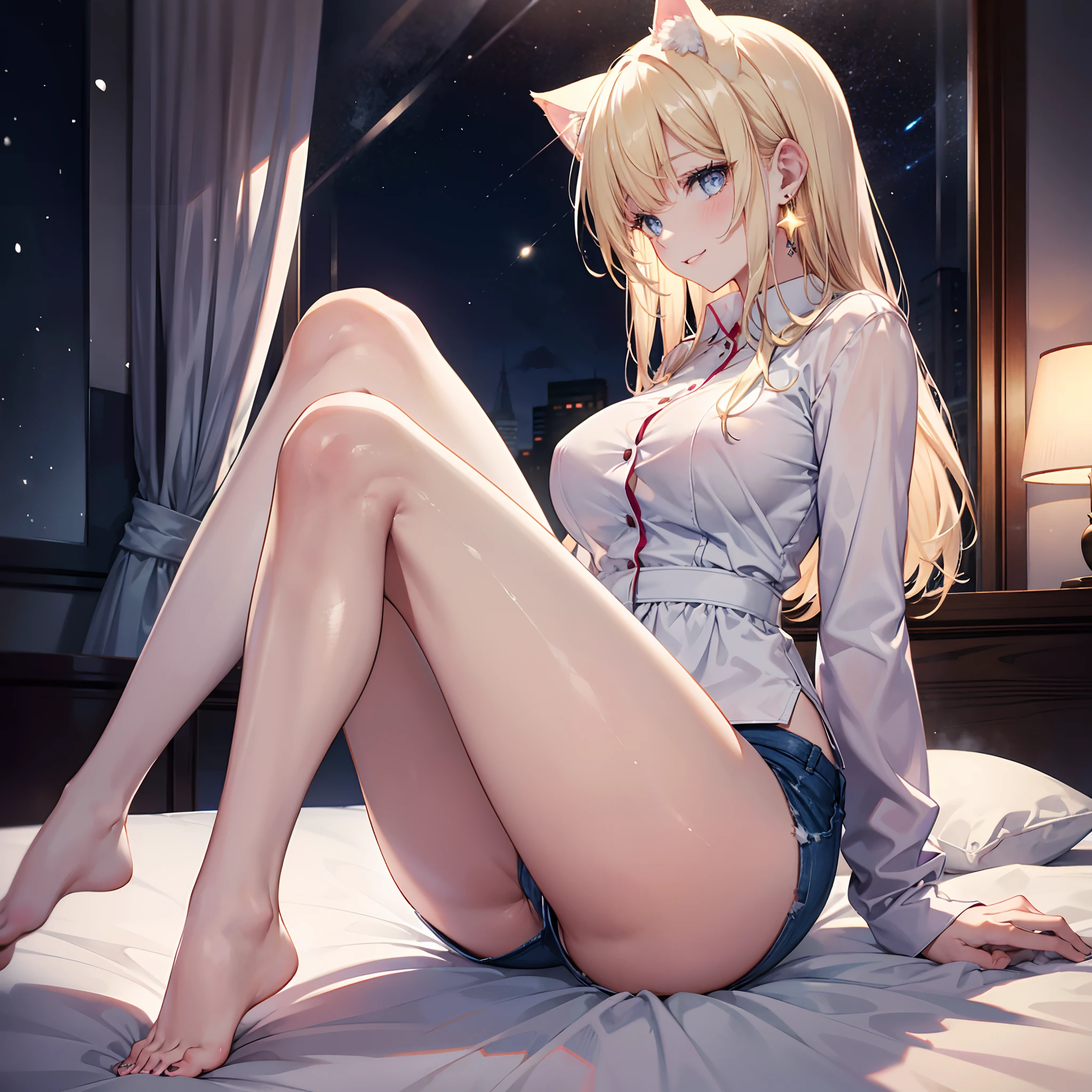 Realistic and detailed image of a girl with cat ears. Dressed in a pajamas. loose shirt and loose minishorts. Unusually shiny long silky blonde hair. blue eyes. Has earrings and long eyelashes. She has full lips, smiling. large breasts, slim waist, very wide hips and thick thighs. profile. arched back. She is sitting in a room with her legs raised up on a bed. snowy night. dark atmosphere. Starry night.