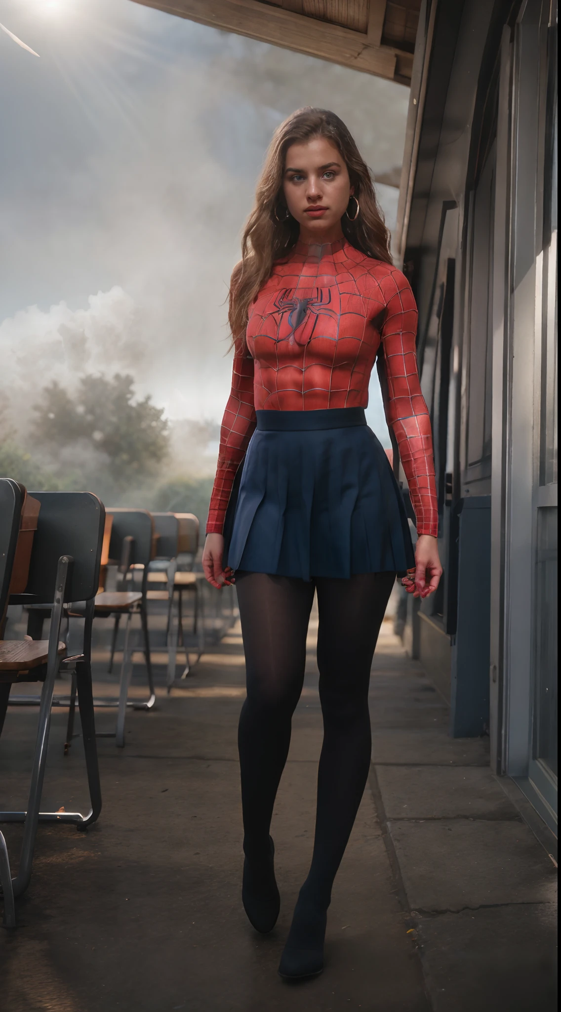 (()), beautiful girl, model body, big blue eyes, small breasts, long legs, medium hoop earrings, spiderman uniform, tiny pleated skirt, ((adult size 20 black tights)), low angle shot, very white skin, long hair, wavy hair, blonde hair, school in the forest, classroom, photorealistic, indirect lighting, volumetric light, specular light, ray tracing, hyper-detailed, best quality, ultra-high resolution , HDR, 8k, soft focus, fog