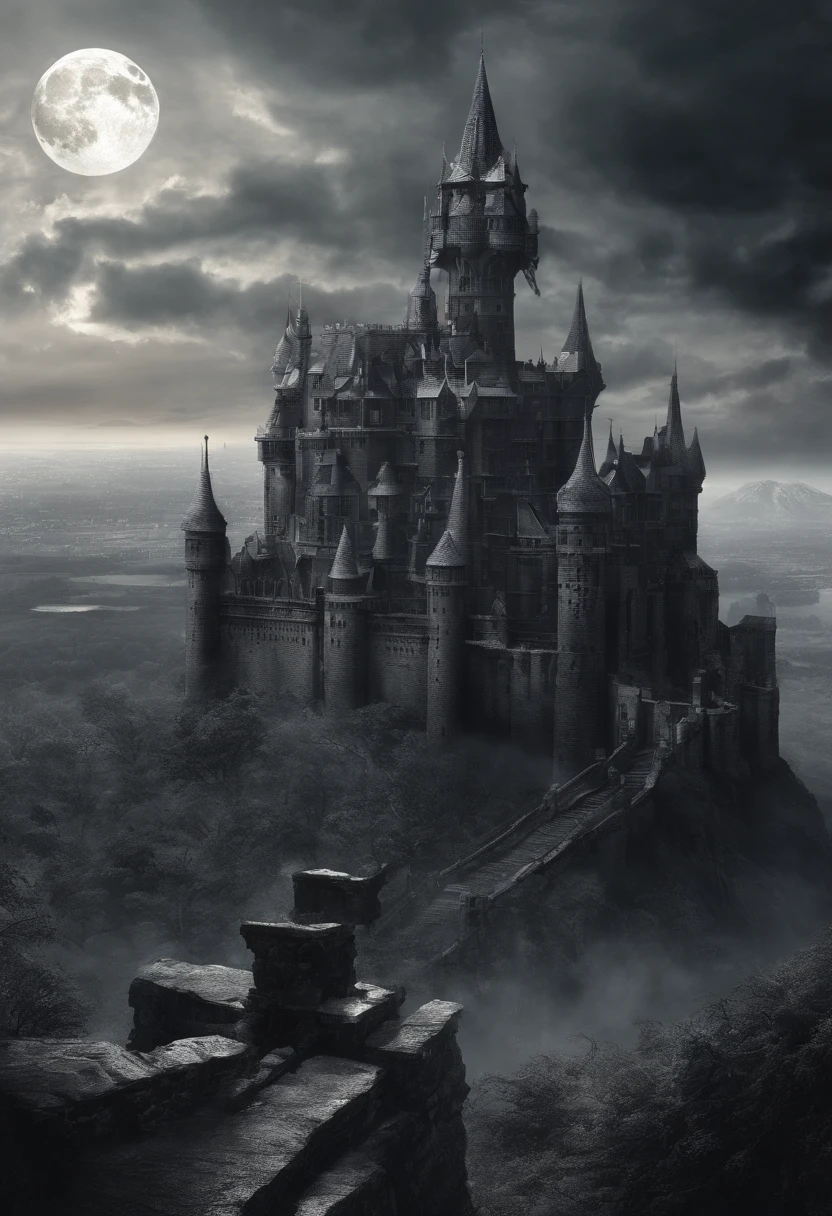 Detailed hyper-realism photography style、A big castle with a demon lord、castle town、Gargoyles are flying、The dragon is flying、dark sky、Shining Full Moon、Gas in the air、Castle with the Demon King、cloudy ash sky、moon shining、Castle with the Demon King