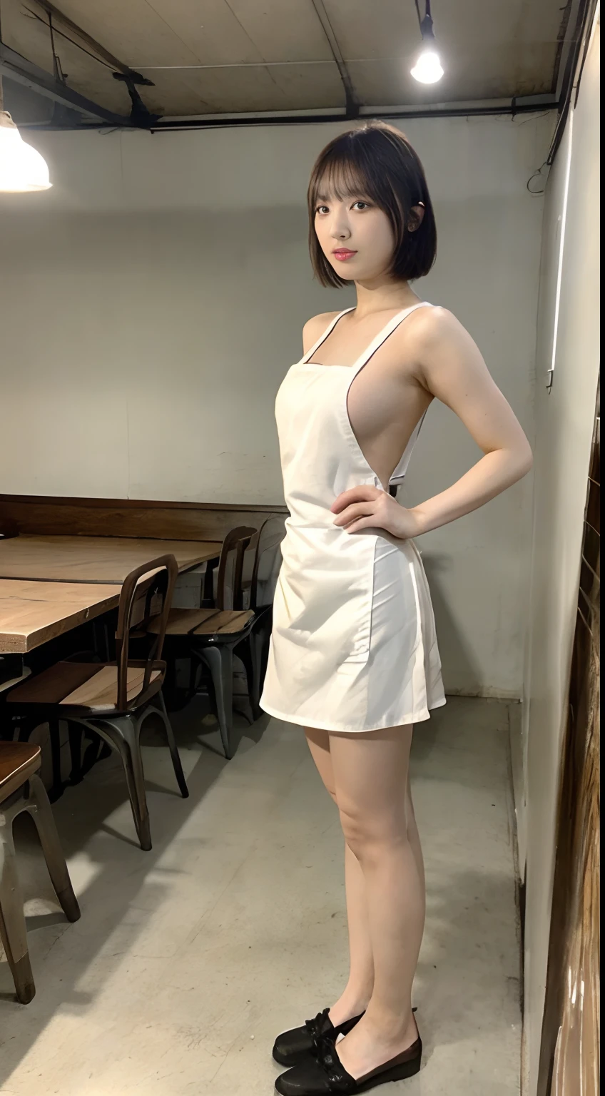 (NSFW:1.30)、masutepiece, Best Quality, hight resolution, 1girl in, (Smile, (Black hair and high twin tails with ribbons),Waitress of a girl in a coffee shop:1.3,Large breasts:1.3,cleavage:1.3,Chest wide open figure:1.2、(Full body:1.3), buttocks fully exposed、Standing,Crowded cafes:1.3,Naked:1.09,(((The girl is naked and wearing a small and short apron with a coffee logo on it:1.4))),drooping bangs, Looking at Viewer,Photorealistic,(((8 years old with a very young face)),,(huge-breasted:1.1, Big Tits:1.1, Small buttocks,Slim Leg:1.2,Slender waist:1.1.Skinny body:1.3)sneakers、Fully exposed shoulders,small areola、
