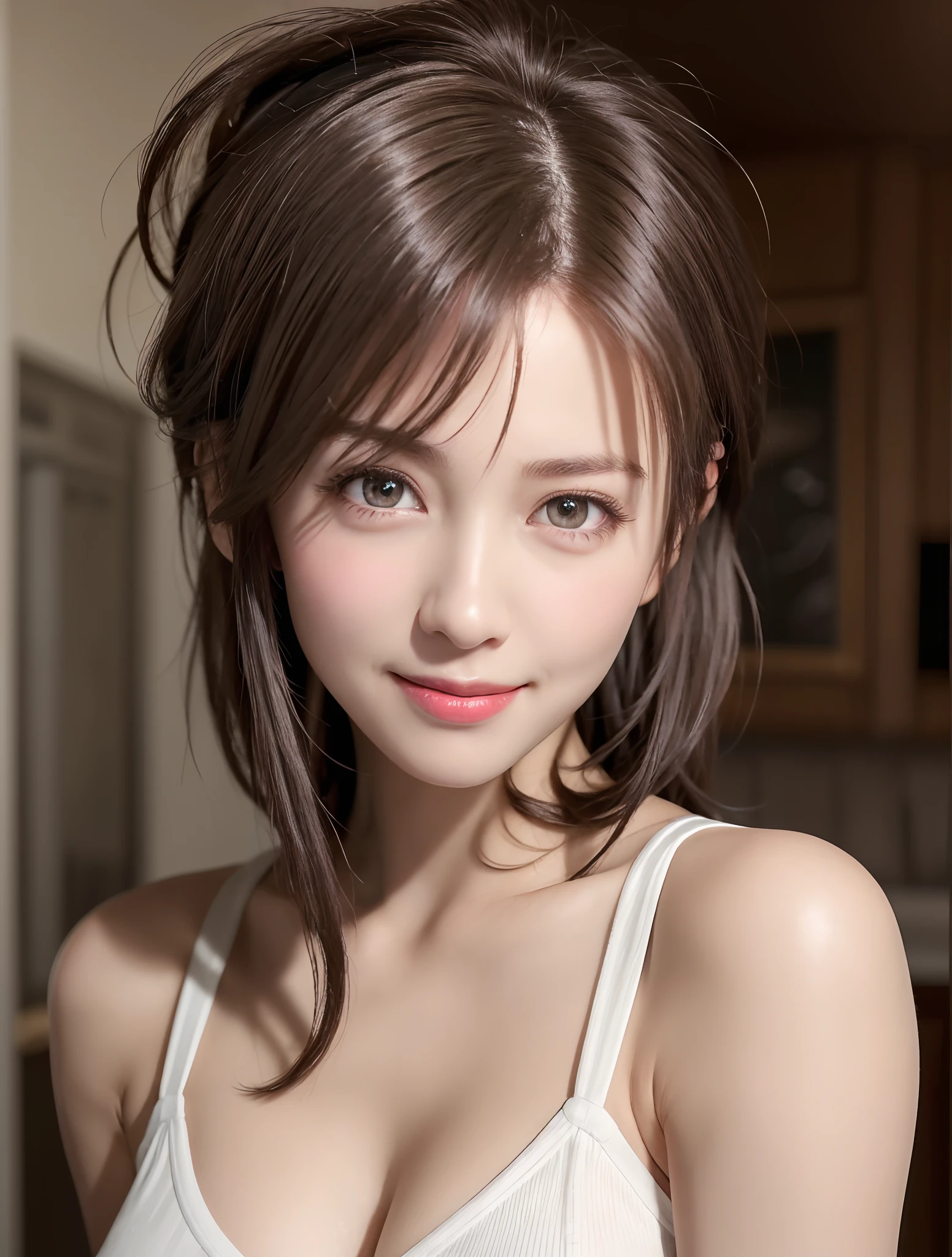 Best Quality, Ultra High Resolution, (Photorealistic: 1.4), Beautiful Eyes, Super Beautiful, Very Short Hair, Beautiful, Sweetheart, T-shirt with Rough Chest, Beautiful Soldier, Eyes That Invite Viewer, Lover's Perspective, Inviting Expression, Sexy Smile, Perfect Style, Perfect Balance, Detailed Skin, Naughty Gaze, Chest Visible