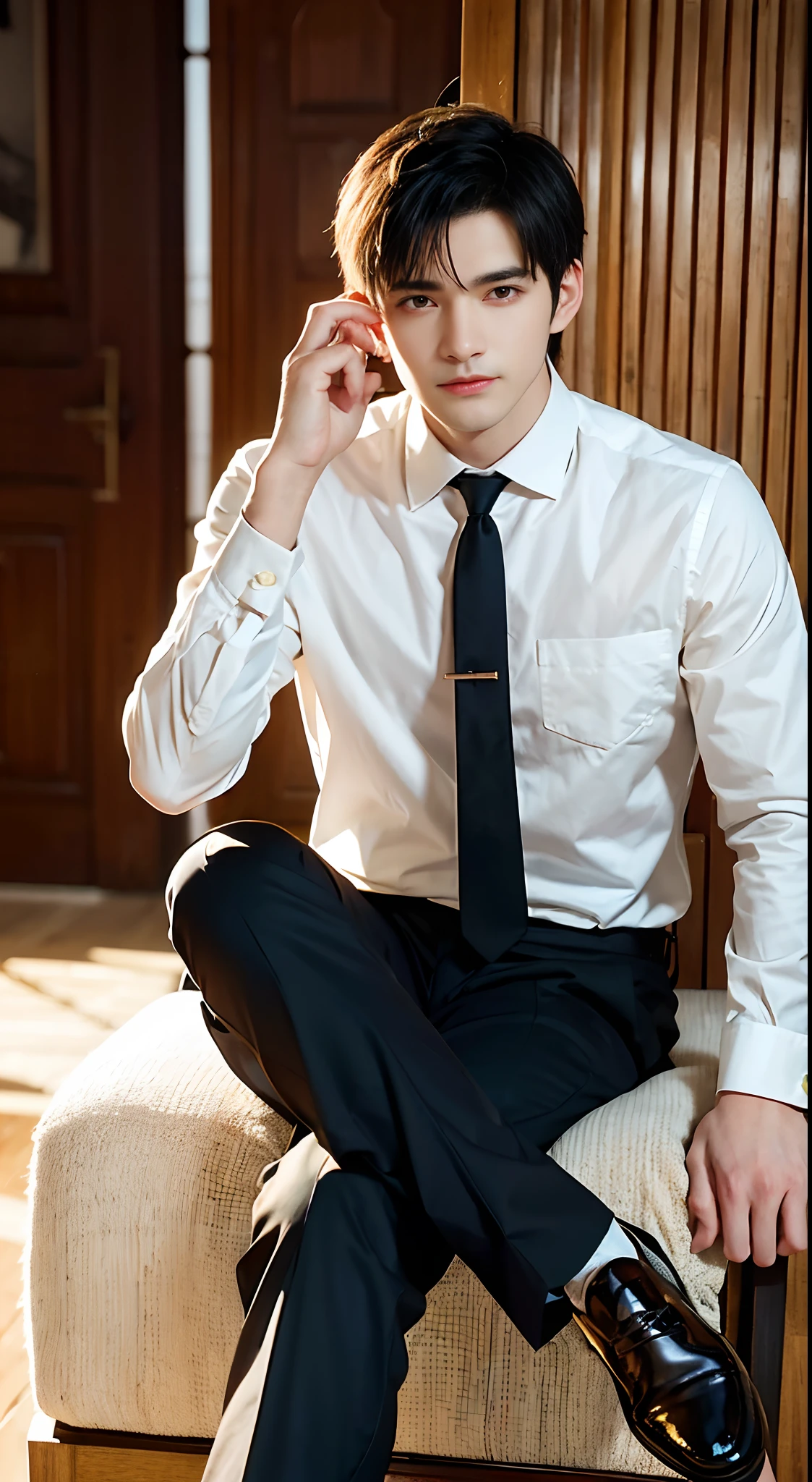Masterpiece, Excellent, (Office: 1.5), CG drawing with super high detail, handsome, cold face, expressionless,, (a man with short black hair, white shirt, black tie, black pants, leather shoes, a little scum: 1.8),, Inside the president's office, luxurious, sitting on a chair, facing the audience, illustrations,shiny skin,suncet,ultra detailed face,make a norman hand 5 finger