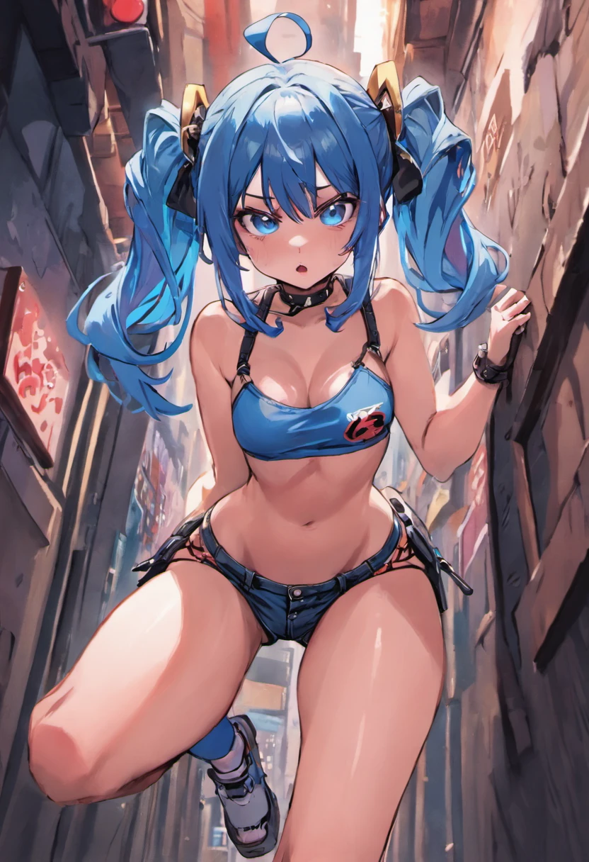 (absurderes, top-quality), 1girl in , Blue hair, Blue Eye, (Twin tail), Ahoge, ((small bust)), croptop, Denim shorts, a choker, Put your arms behind your back, (Slouched), Lean Back, lean against the wall, (Leaning to the side:0.25), Look at viewers, Armbands, Thigh strap, Eyes looking up, Glossy skin, high-detailed skin, Glowing skin, Illustrations,inky, NSFW, Crowded cityscape,