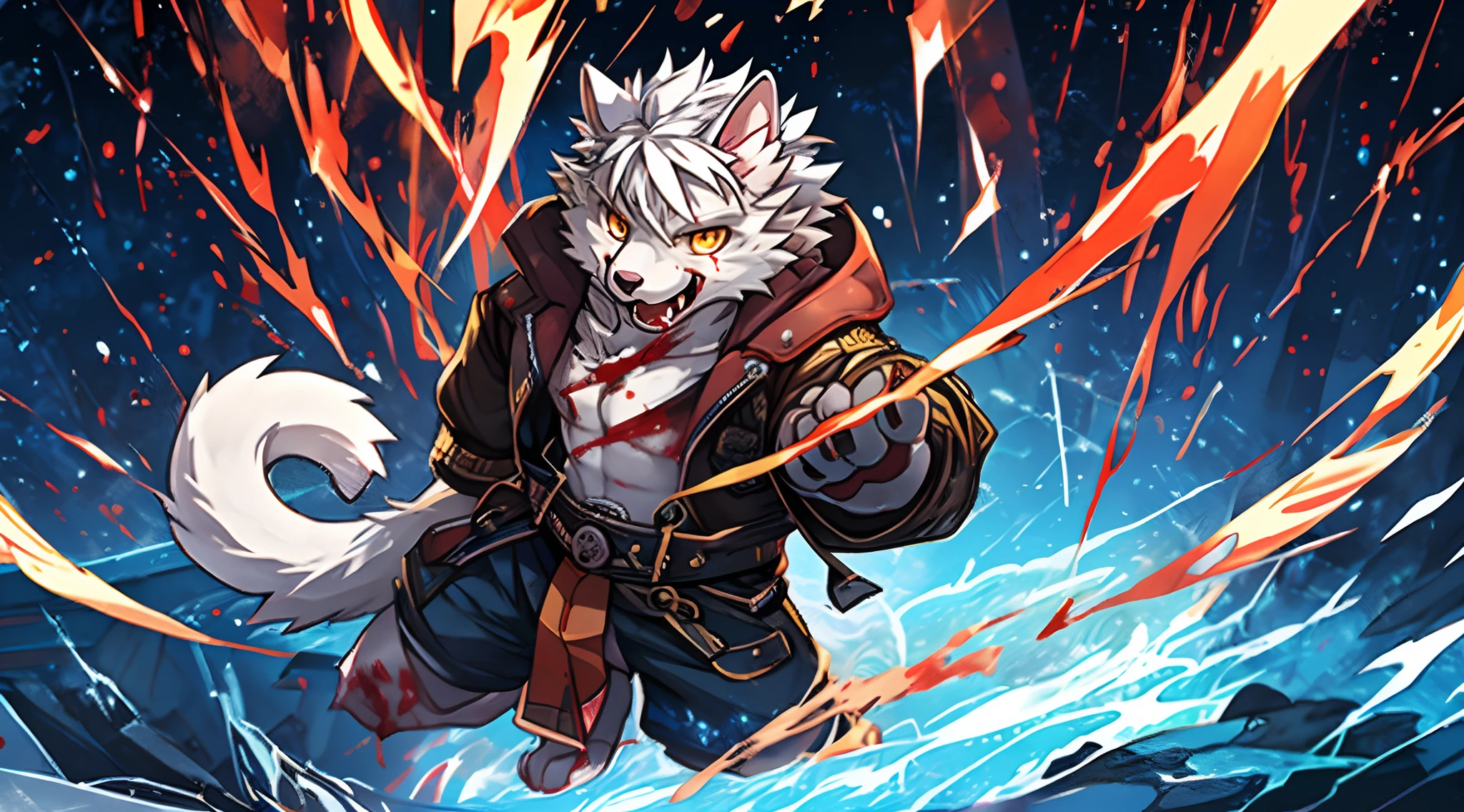 terroral,blood vess,Be covered in blood,The corners of his mouth were stained with blood,solo person,White body,White ears,White hair,White fur,Overall white,Orange-yellow eyes,Cat tail,Cat orcs,Cat's paws,Young,Wear a jacket,Ultra-clear screen,Soft lines