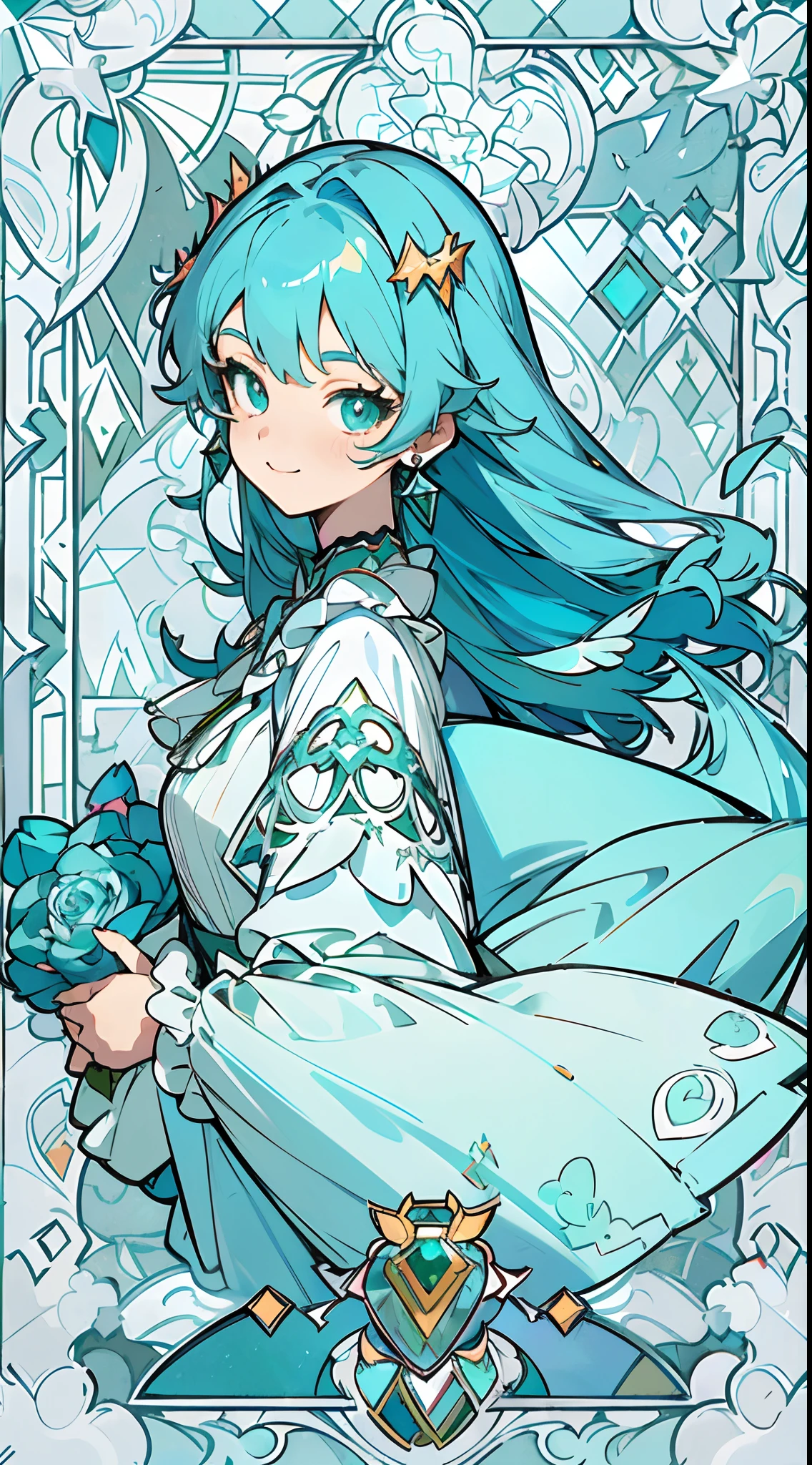 (The skin is not exposed, Long sleeve blouse with ruffles), (Solo), Very cute girl (1), Colorful stained glass on background, Multicolored roses,Rose vine, ((Super Long Turquoise Blue Hair, Earring Color)), (Super smile), Dynamism, (Her eyes are emerald green), (kirakira) (Detail Objects)Close-up angle of the face