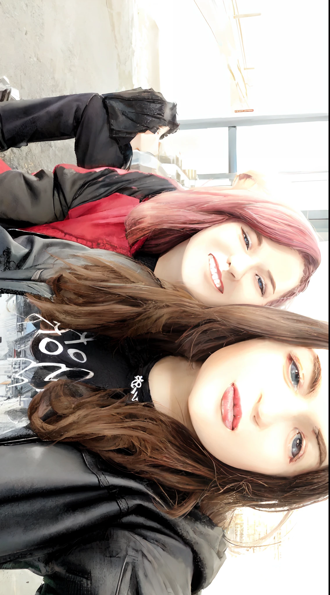 two women with long hair posing for a picture in front of a building, two girls, charli bowater and artgeem, very very low quality picture, beautiful girls, they are close to each other, roomies, profile pic, desaturated!!, high quality upload, lucy hale and maisie williams, snapchat photo, with red hair