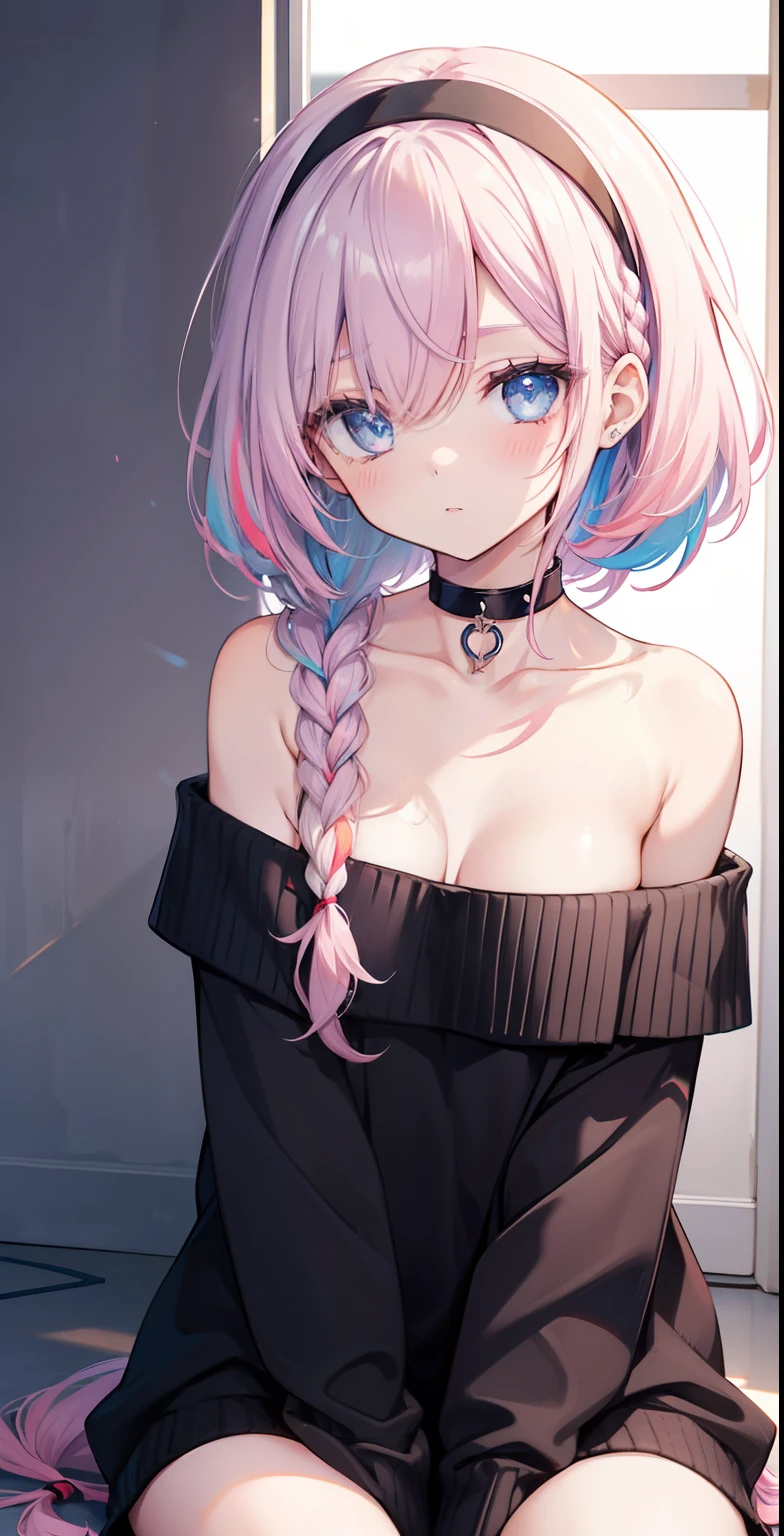 1girl, alternate costume, arona \(blue archive\), bangs, bare legs, bare shoulders, black choker, black hairband, black sweater, blue eyes, blush, braid, choker, collarbone, colored inner hair, hair over one eye, hair ribbon, hairband, halo, long hair, long sleeves, looking at viewer, multicolored hair, off-shoulder sweater, off shoulder, pink hair, single braid, sitting, solo, sweater, wariza, white background, white hair