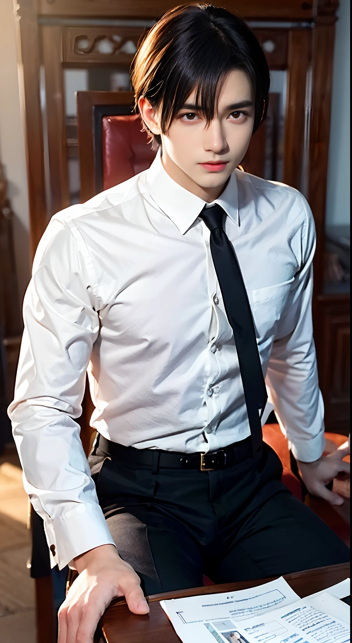 Best quality, Masterpiece, Ultra-high resolution, quadratic element,1boys, Light and shadow, 1boys,British style, Male focus, , formal, with short brown hair, neck bowtie, shirt, suit, belt, Pants, Black pants, Black suit, White shirt, Indoors, Jacket, a black bowtie, Long sleeves, Black belt, Collared shirt, Cowboy shot,