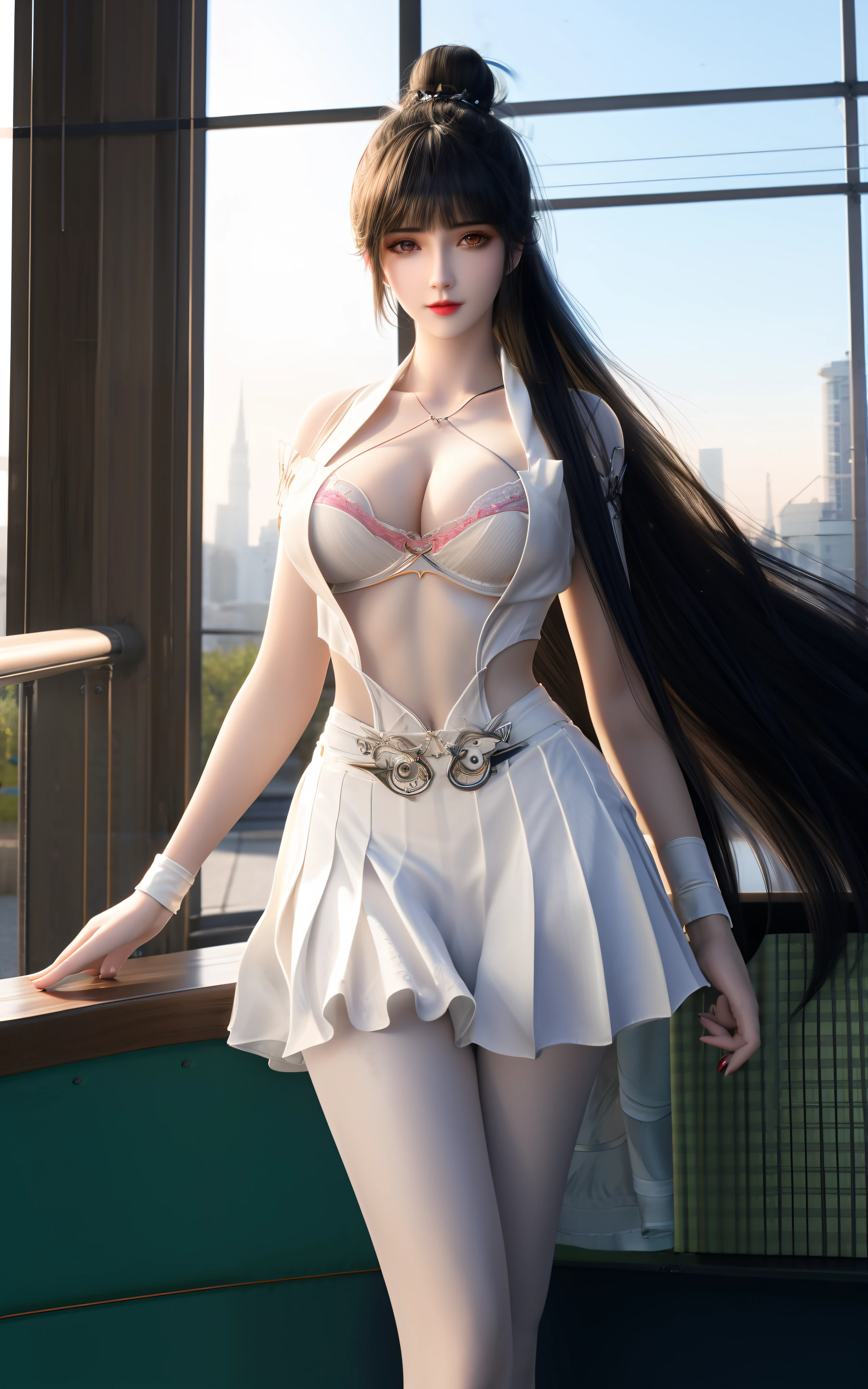 Best quality,tmasterpiece,A high resolution,CG,
1girll,Thin structure,Bigchest,cleavage,long whitr hair,White shirt,Short skirt that wraps around the hips,blackstockings,straight thighs,Slender calves,耳Nipple Ring,hair adornments,spatter,hair-bun,brunette color hair,
illuminating,Frankness,photore,A high resolution,4K,8K,Bokeh,