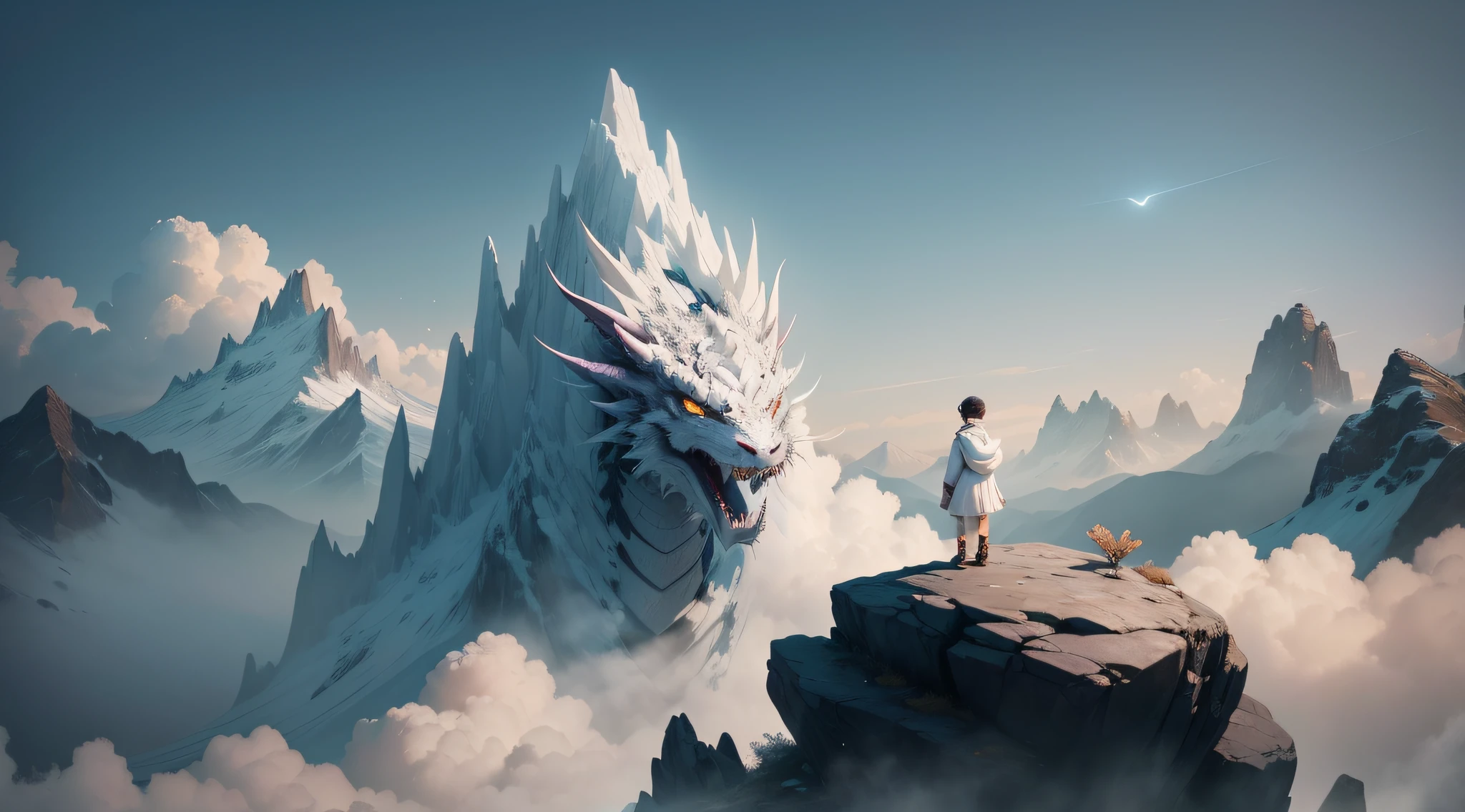 The boy was dressed in white,Stand on top of a high mountain,watching the future。Beside him,A dark dragon perched on a boulder,It conveys blessings and mystical powers to him。The boy's eyebrows revealed joy and determination,He has already passed the moment of suffering,We will bravely embrace the future,Welcome the beauty and sweetness of life。 --auto