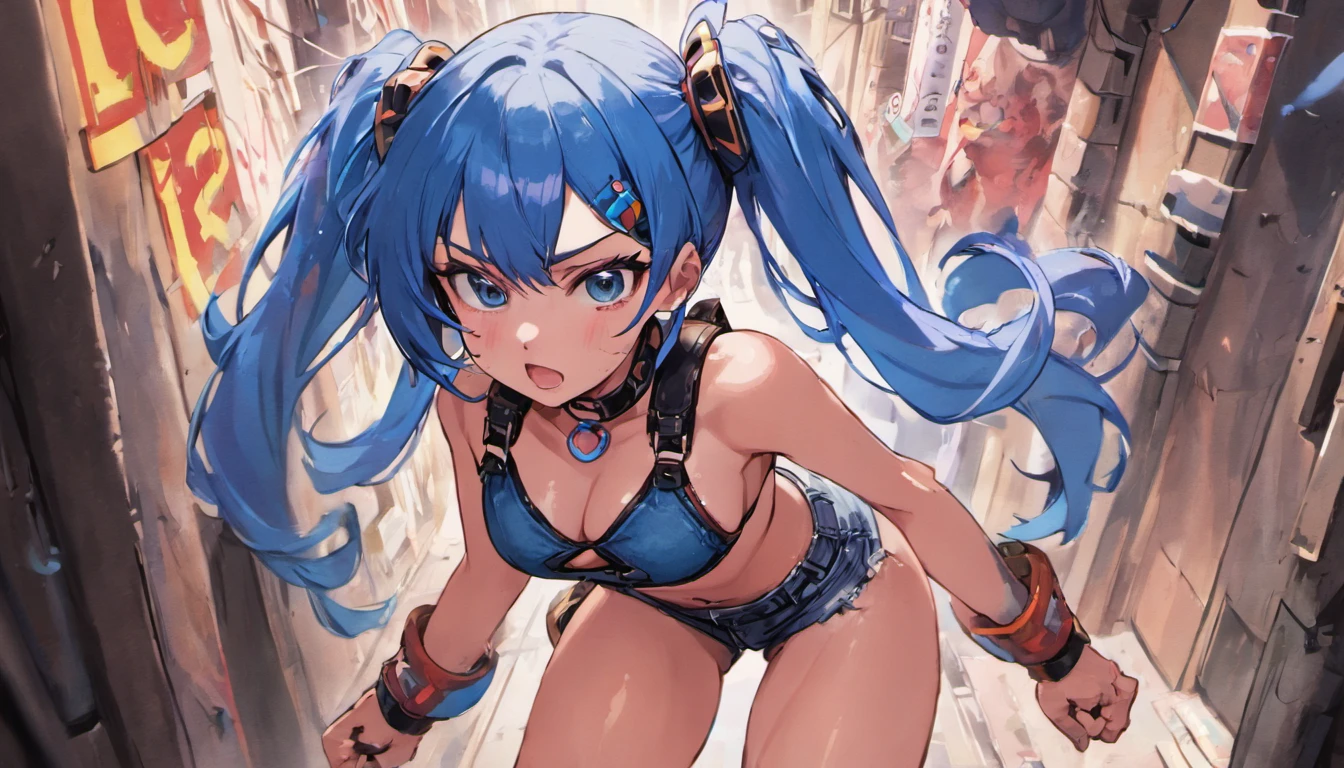 (absurderes, top-quality), 1girl in , Blue hair, Blue Eye, (Twin tail), Ahoge, ((small bust)), croptop, Denim shorts, a choker, Put your arms behind your back, (Slouched), Lean Back, lean against the wall, (Leaning to the side:0.25), Look at viewers, Armbands, Thigh strap, Eyes looking up, Glossy skin, high-detailed skin, Glowing skin, Illustrations,inky, NSFW, Crowded cityscape,