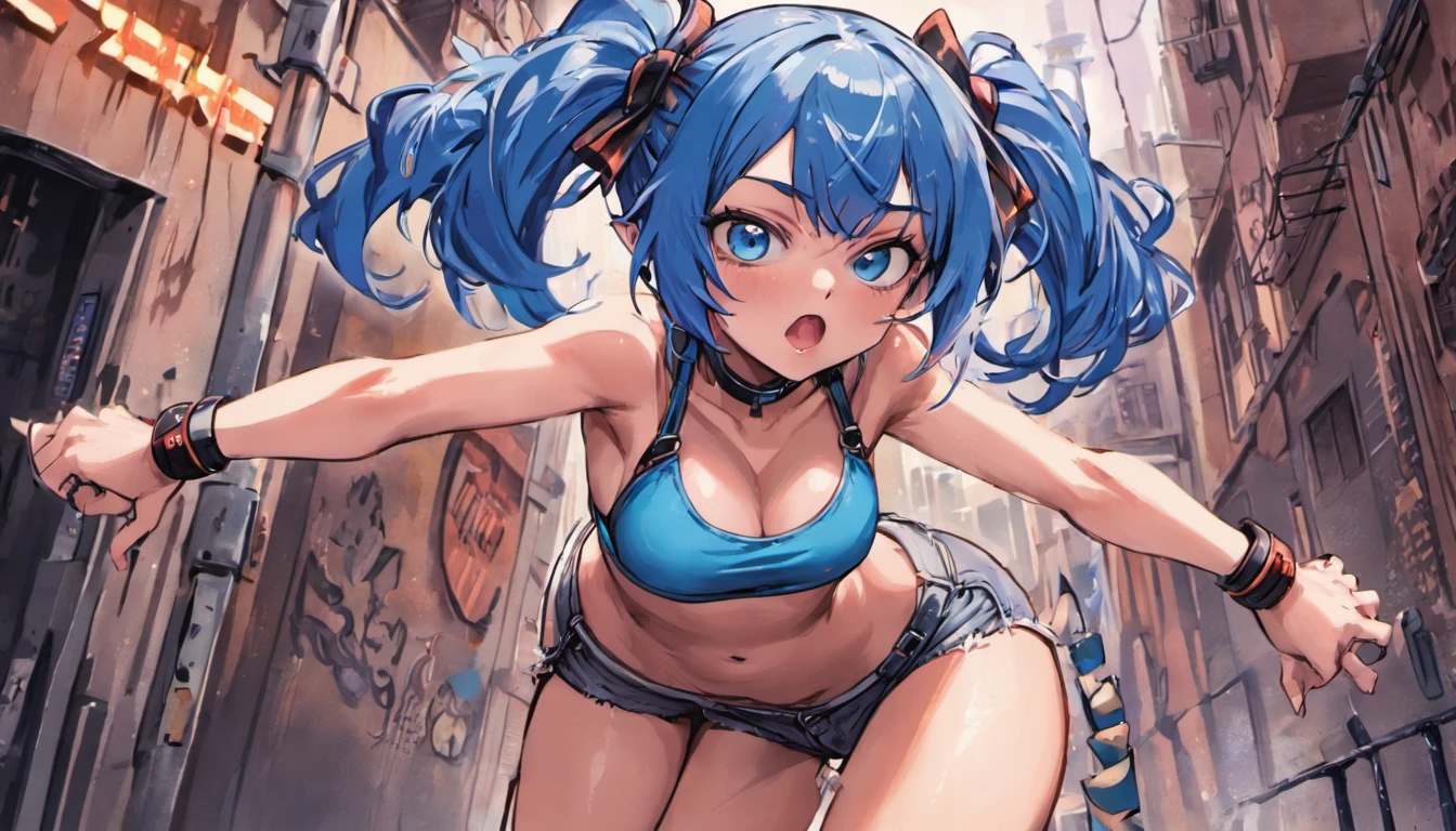 (absurderes, top-quality), 1girl in , Blue hair, Blue Eye, (Twin tail), Ahoge, ((small bust)), croptop, Denim shorts, a choker, Put your arms behind your back, (Slouched), Lean Back, lean against the wall, (Leaning to the side:0.25), Look at viewers, Armbands, Thigh strap, Eyes looking up, Glossy skin, high-detailed skin, Glowing skin, Illustrations,inky, NSFW, Crowded cityscape,
