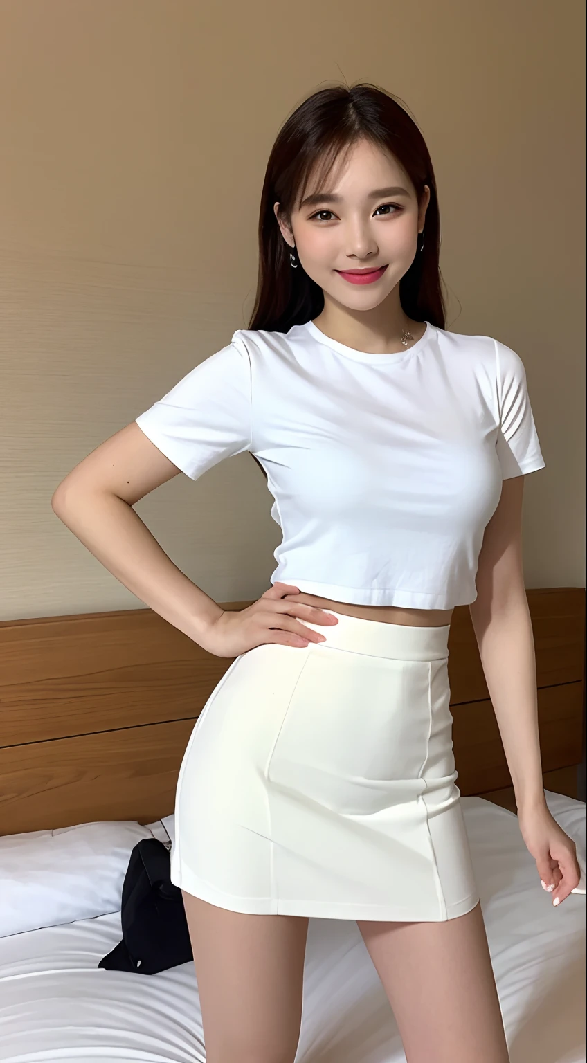 White tight shirt、Mini Tight Skirt、a bed、a smile、shortsleeves