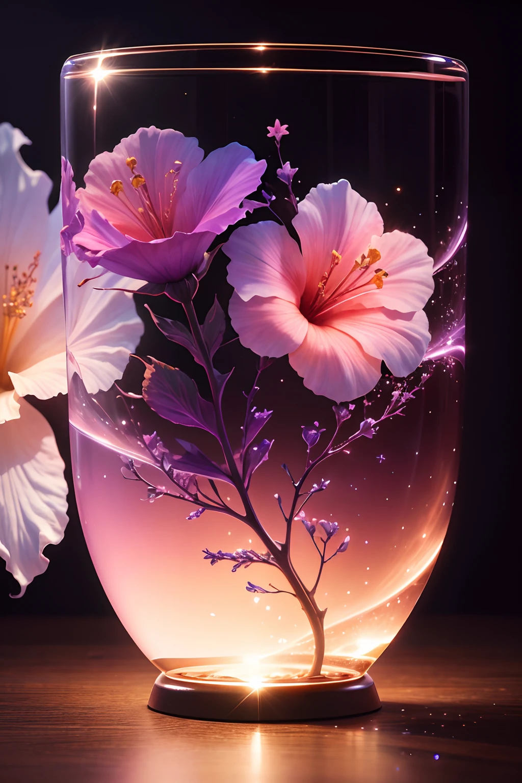 crystal blossom hibiscus flower,
fantasy, galaxy, transparent,
shimmering, sparkling, splendid, colorful,
magical photography, dramatic lighting, photo realism, ultra-detailed, 4k, Depth of field, High-resolution