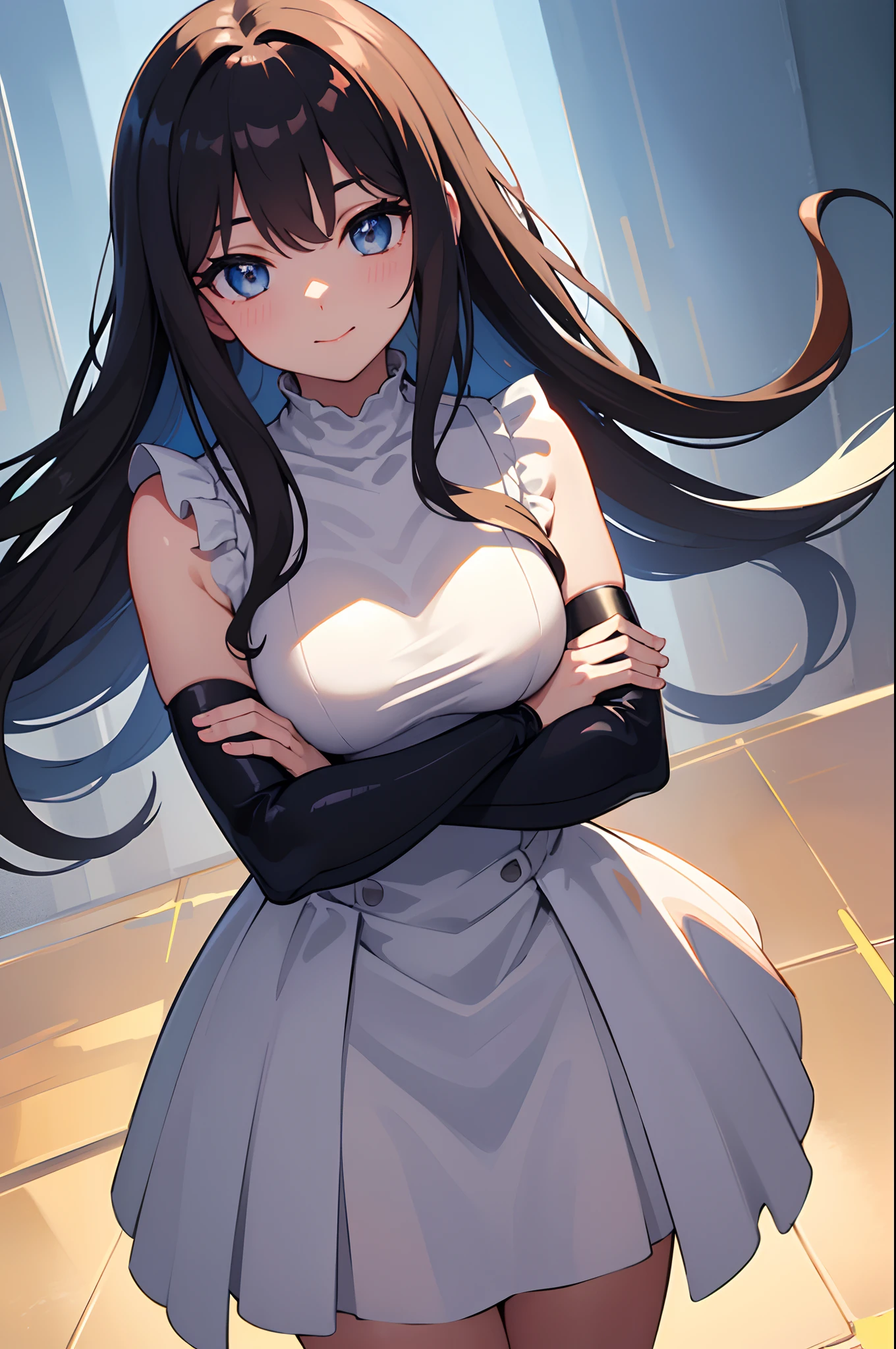 (((masterpiece))), 4k res, highly detailed, (((extremely detailed eyes))), detailed background, cinematic lighting, crystal clear eyes, high quality, highres, ultra-detailed, 8k, best quality, 1girl, solo, shadow, backlighting, light particles, Thick Eyelashes, Wide Sleeve, thick thighs, (masterpiece:1.3), (the best quality:1.2), (super fine illustrations:1.2), (Masterpiece), high quality, high detail,(SOLO:1.4),((round image)), 1girl, smile, blush, closed mouth, thick, medium breasts, from above, fingerless gloves, thick thighs, cowboy shot, crossed arms,