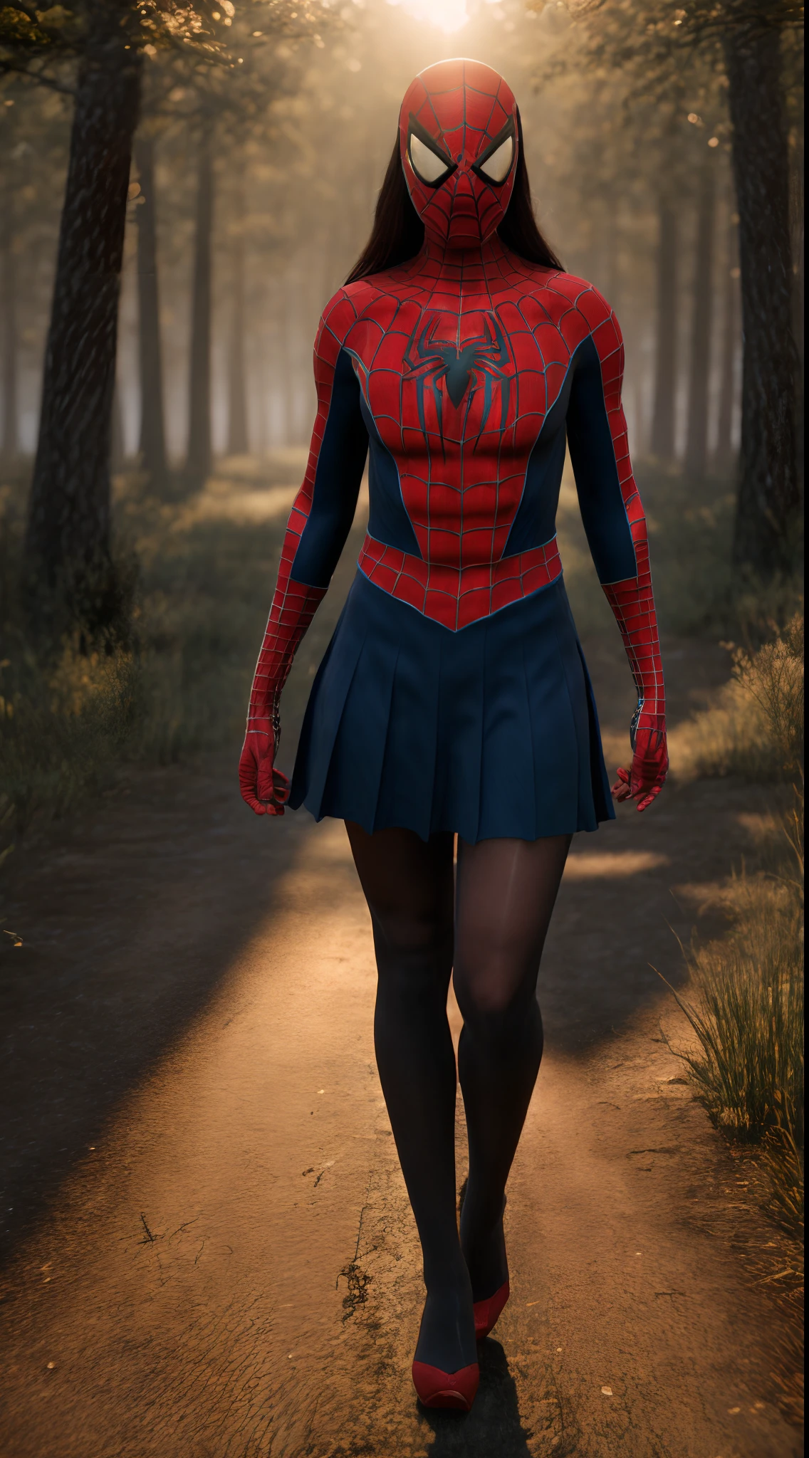 ((Pre-teen)), beautiful girl, model body, big blue eyes, small breasts, long legs, medium hoop earrings, spiderman uniform, tiny pleated skirt, ((adult size 20 black tights)), low angle shot, very white skin, long hair, wavy hair, blonde hair, school in the forest, classroom, photorealistic, indirect lighting, volumetric light, specular light, ray tracing, hyper-detailed, best quality, ultra-high resolution , HDR, 8k, soft focus, fog