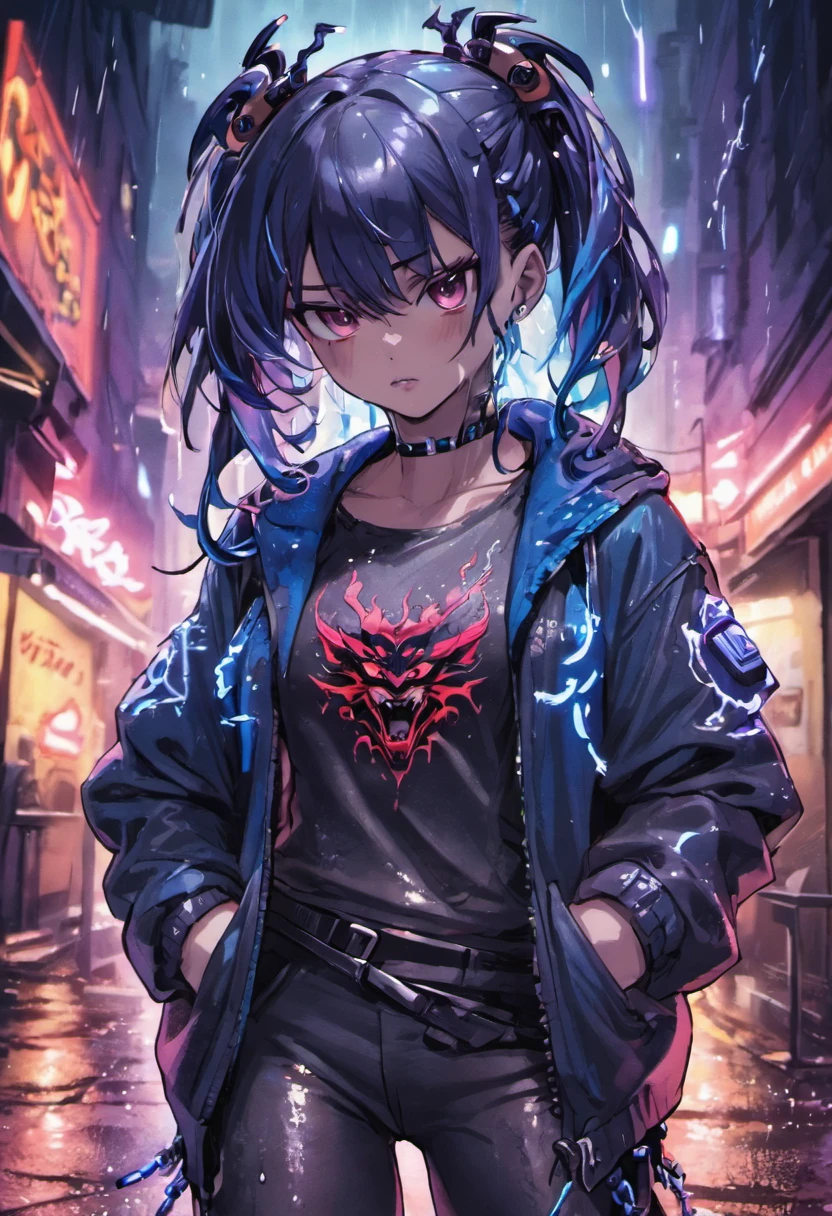 (Extremamente detalhado, melhor qualidade)fotografia de close-up, jovem mulher cyberpunk confiante com cabelos brancos cm mechas azuis e um coque, usando uma camisa da nike branca com desenhos vermelhos e azuis,with a dragon tattoo on his chest ,on a rain-soaked street at night, fotorrealista, Cinematic lighting