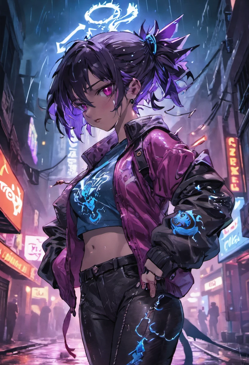 (Extremamente detalhado, melhor qualidade)fotografia de close-up, jovem mulher cyberpunk confiante com cabelos brancos cm mechas azuis e um coque, usando uma camisa da nike branca com desenhos vermelhos e azuis,with a dragon tattoo on his chest ,on a rain-soaked street at night, fotorrealista, Cinematic lighting